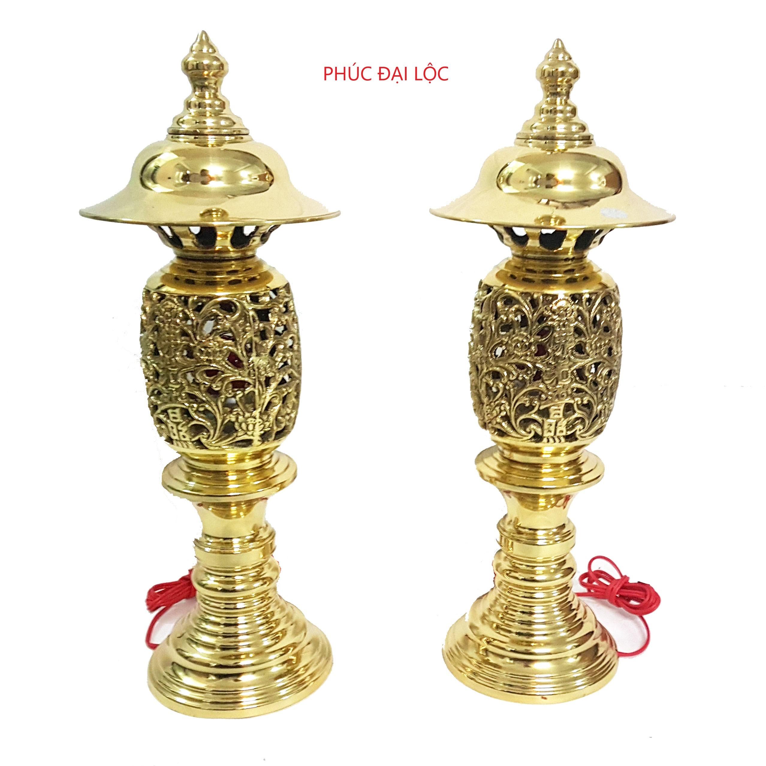 Đôi đèn điện thờ cúng quả dứa/thơm số 1 (ID1) bằng đồng cao 35 cm nặng 2.9 kg màu vàng bóng