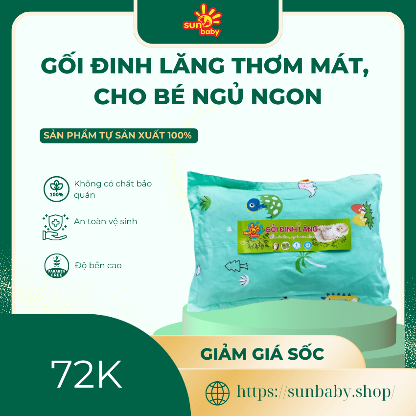 Gối Đinh Lăng thơm mát, cho bé ngủ ngon Size S 20x 30cm- Sunbaby