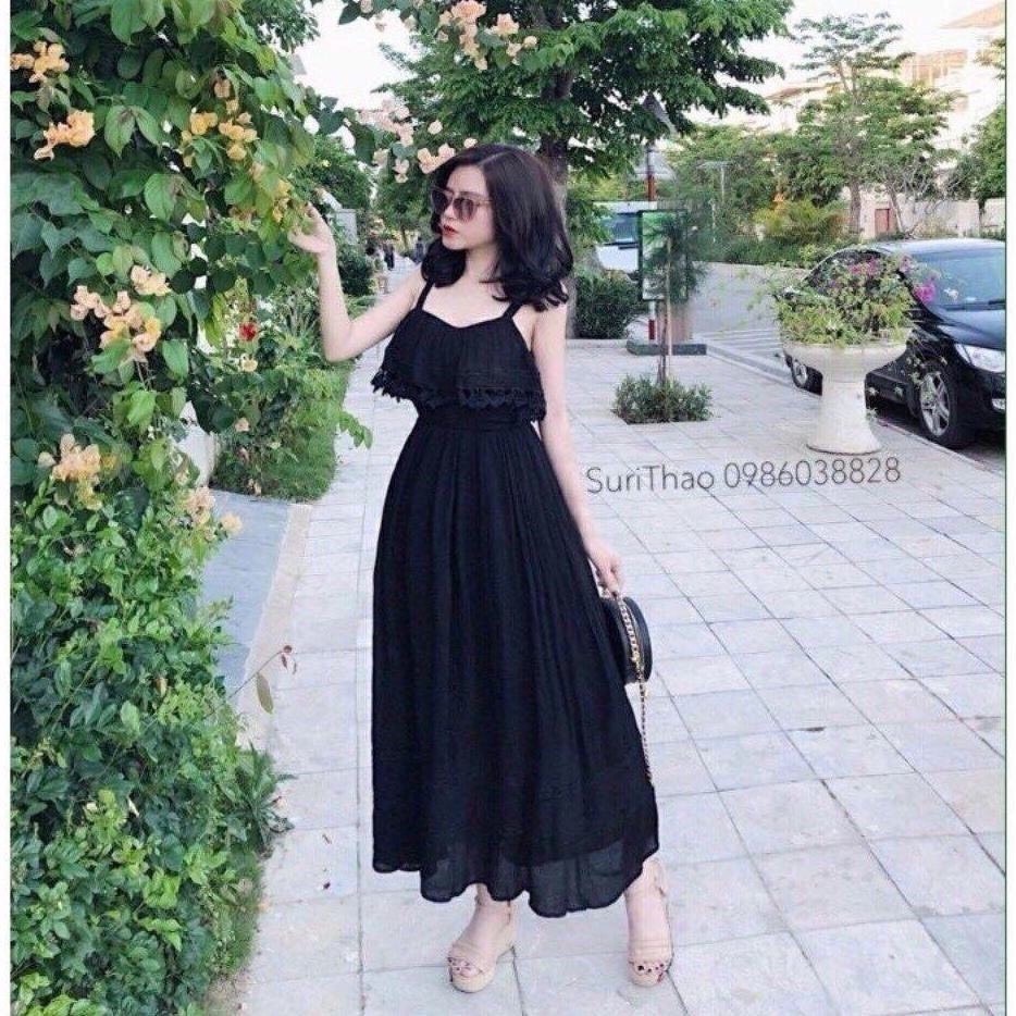 Đầm maxi phối ren hai dây hở lưng cao cấp