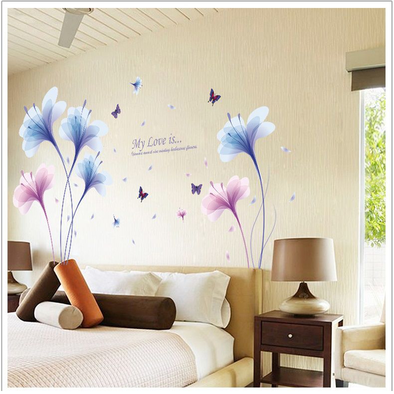 Decal dán tường Hoa thủy tinh xanh hồng trang trí phòng ngủ đẹp rẻ sáng tạo AmyShop