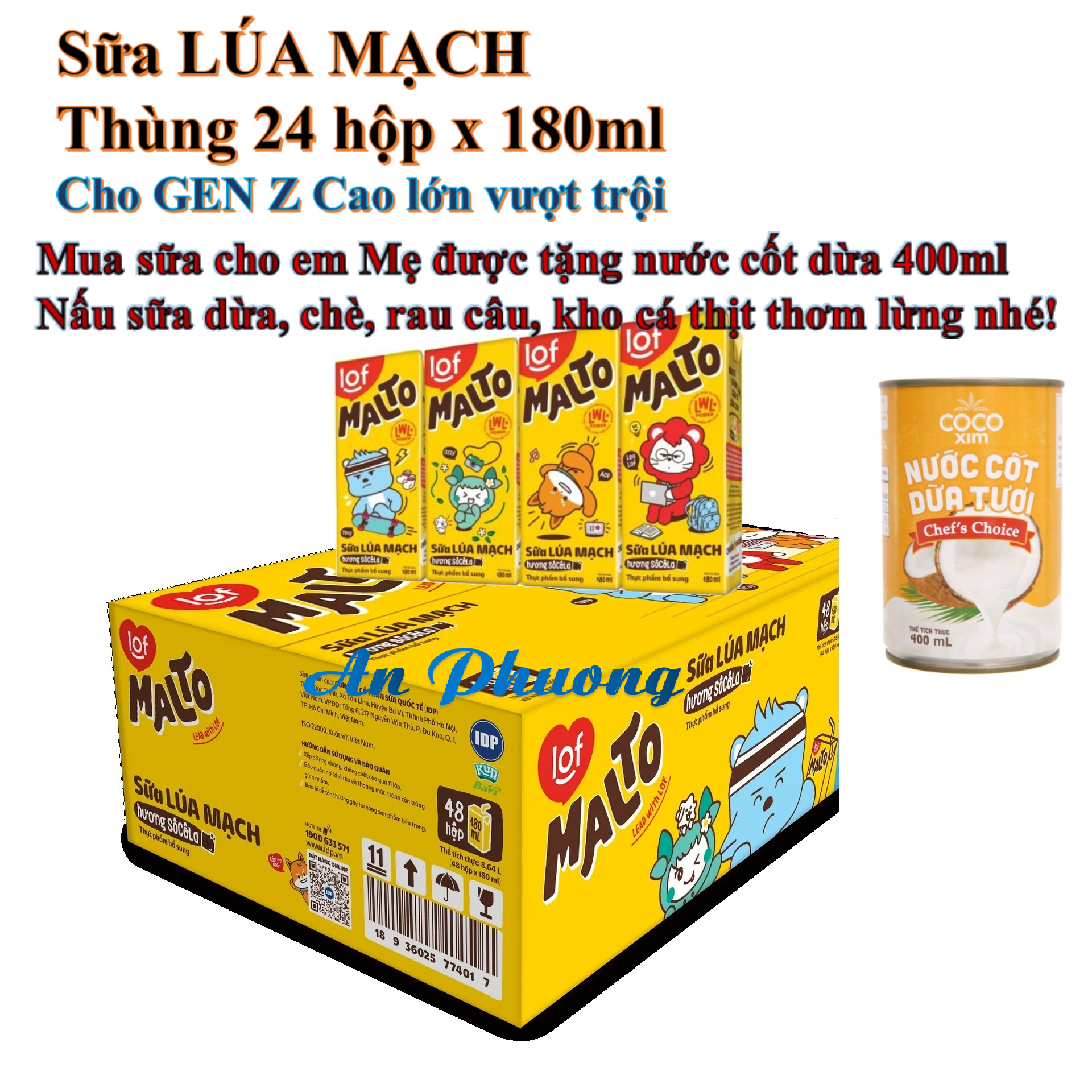 Sữa lúa mạch malto thùng 24 hộp 180ml cho gen z cao lớn mỗi ngày