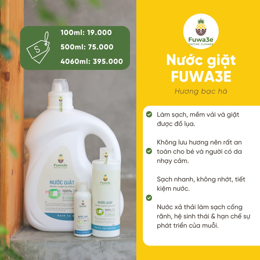 Nước giặt Fuwa3e hữu cơ organic từ Enzyme sinh học 4L, Hương Bạc Hà, an toàn cho bé, nước giặt sinh học không hương liệu