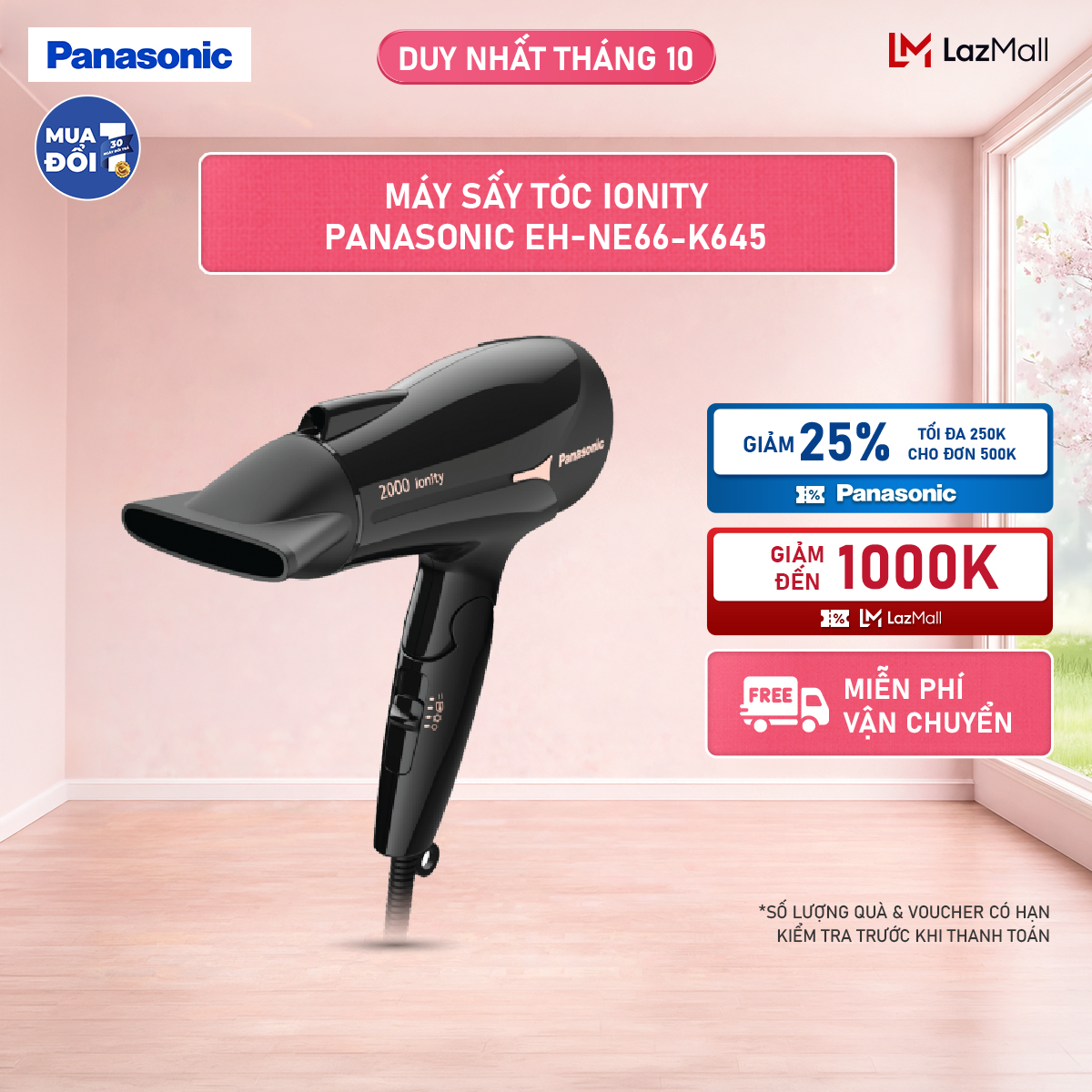 [Máy Sấy Tóc Ionity Panasonic EH-NE66-K645 - Sấy Ion Bảo Vệ Tóc Tăng Độ Bóng Mượt - Tay Cầm Gấp Tiện Lợi - Bảo Hành 12 Tháng - Hàng Chính Hãng