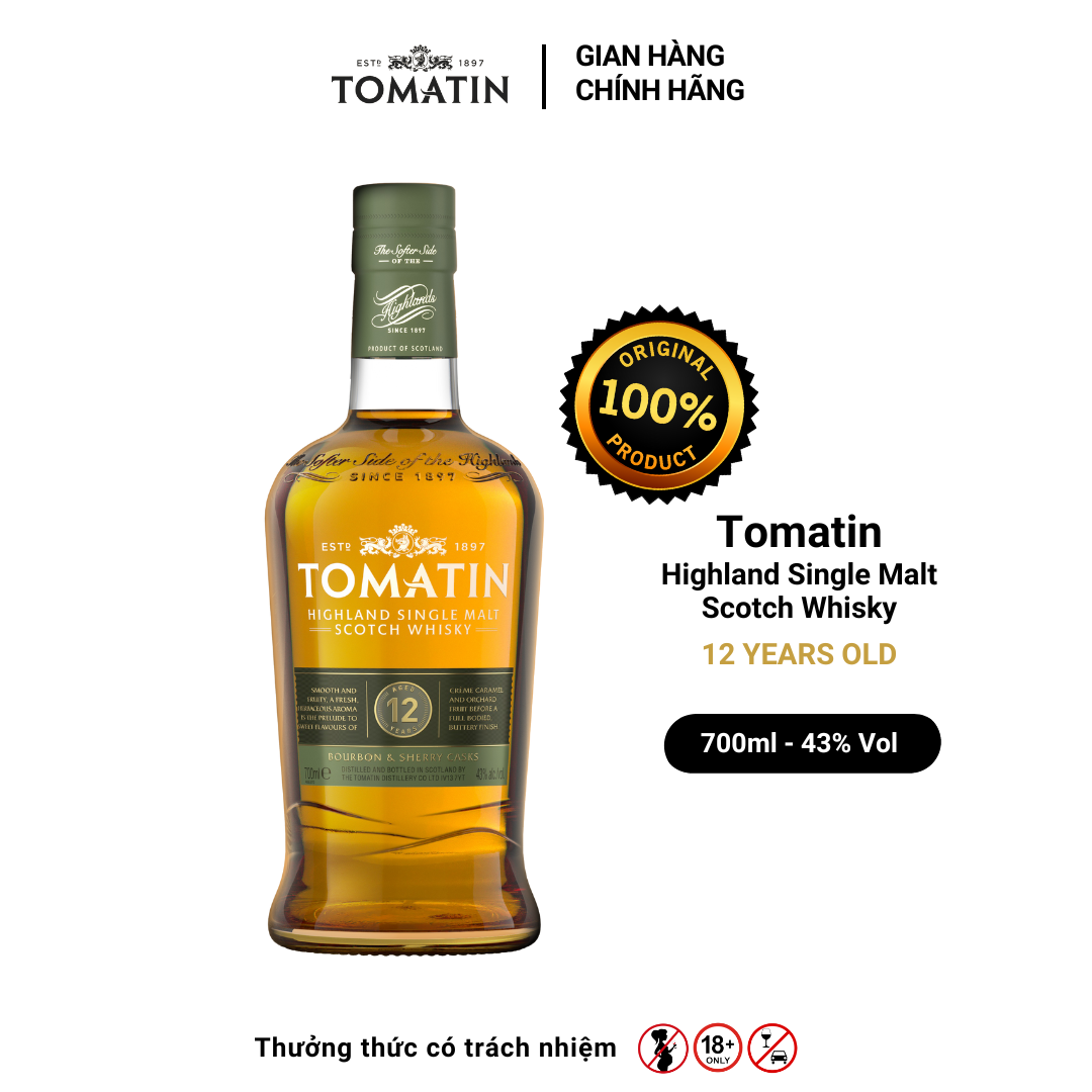 Rượu TOMATIN Highland Single Malt Scotch Whisky 12 YO Nồng Độ Alc 43% 700ml [Có kèm hộp]
