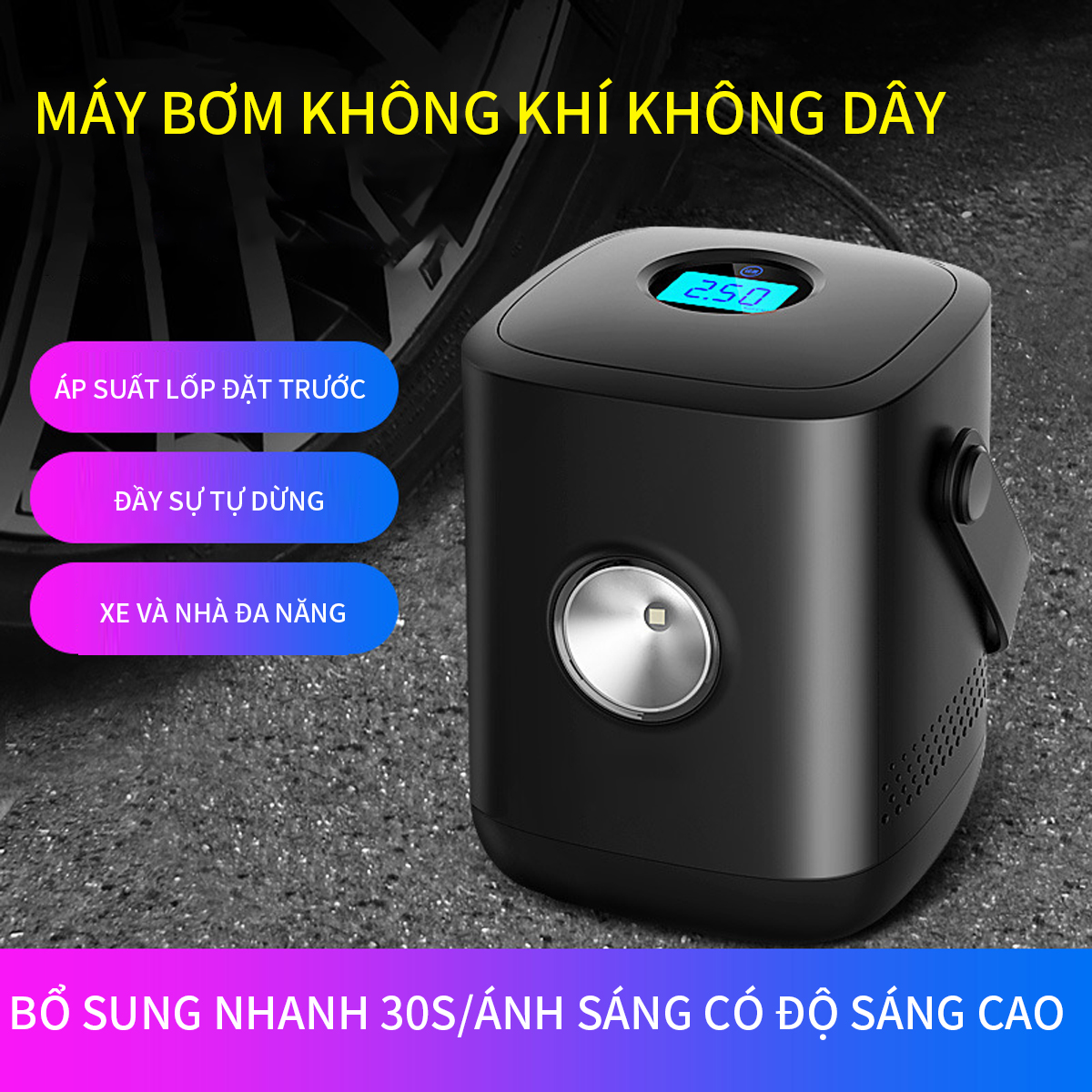 [Thời gian bảo hành 3 tháng] Máy bơm không khí kỹ thuật số mini đa chức năng có đèn, Với thiết kế đèn LED, có tay cầm di động và cáp sạc USB