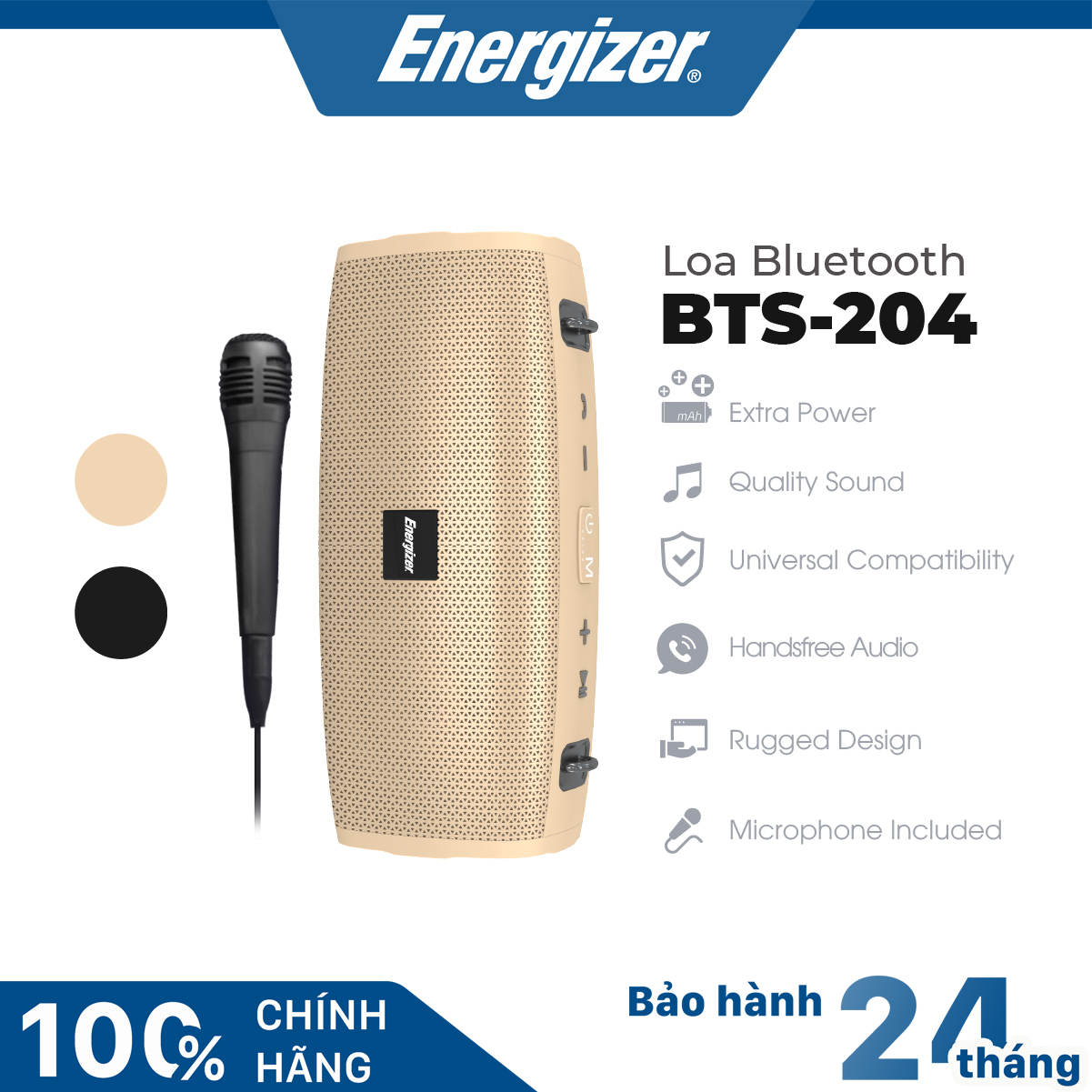 Loa Bluetooth di động Energizer BTS 204 kèm Micro Karaoke - công suất 20W - Hàng Chính Hãng, Bảo Hành 2 Năm 1 Đôi 1