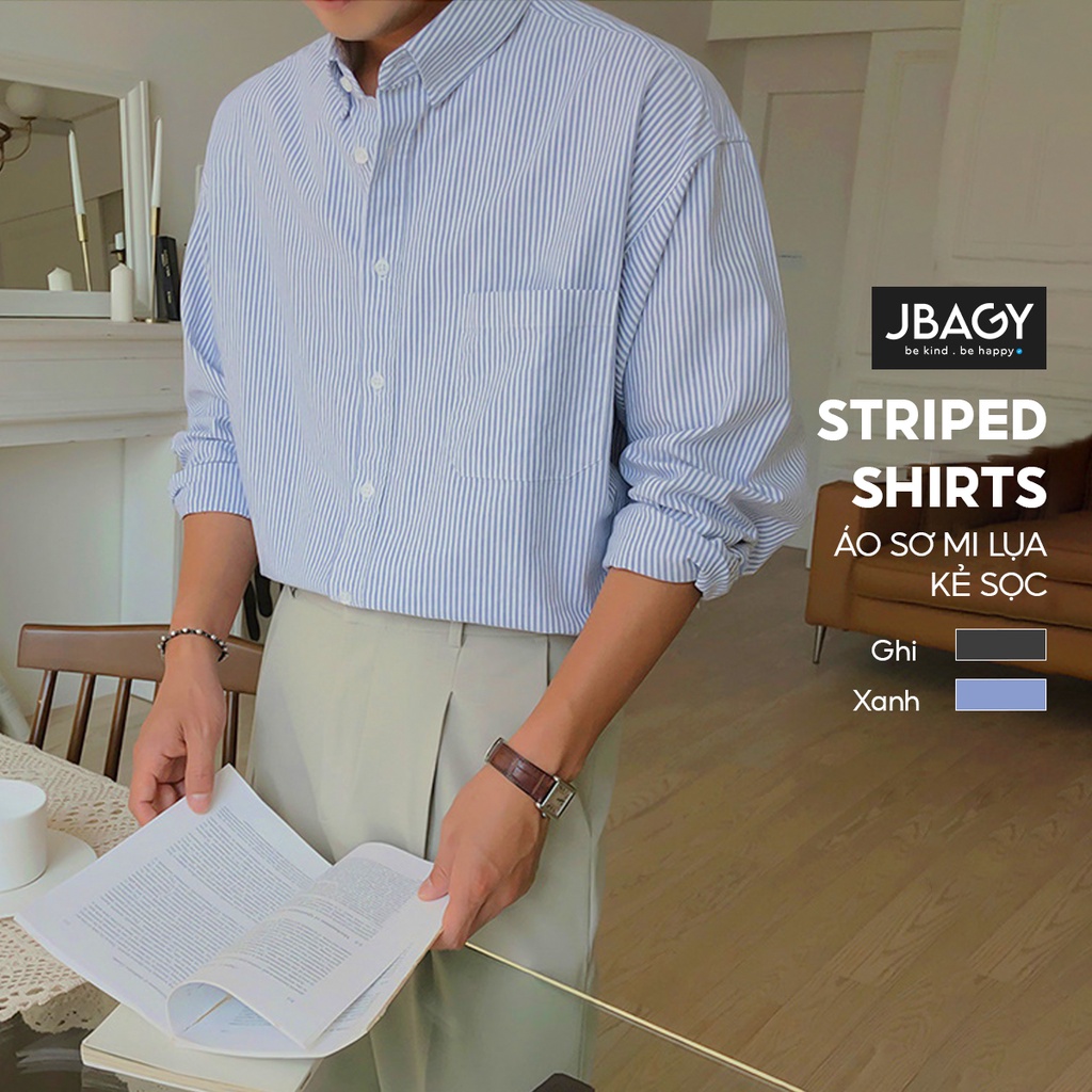 Áo sơ mi nam Kẻ Sọc Stripes Hàn Quốc, Áo sơ mi nam form rộng dài tay chất liệu thoáng mát - JS07