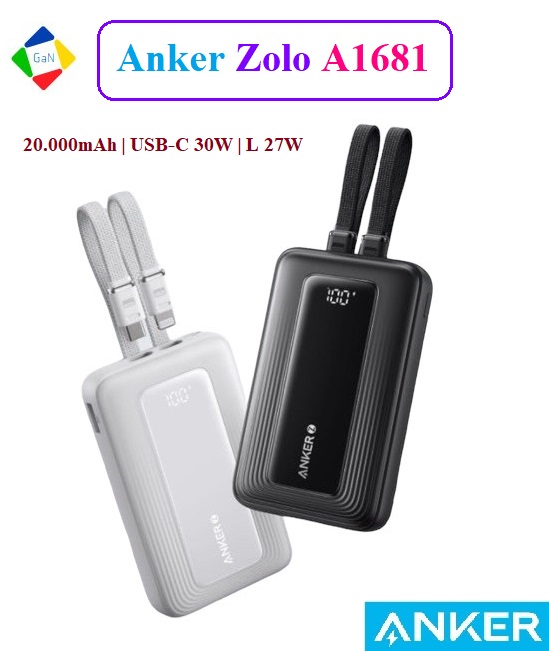 Pin Sạc Dự Phòng Anker Zolo A1681 A1680 30W 20000mAh | Tích Hợp Cáp USB-C Sạc Nhanh 30W Cổng L 27W | PD QC PPS