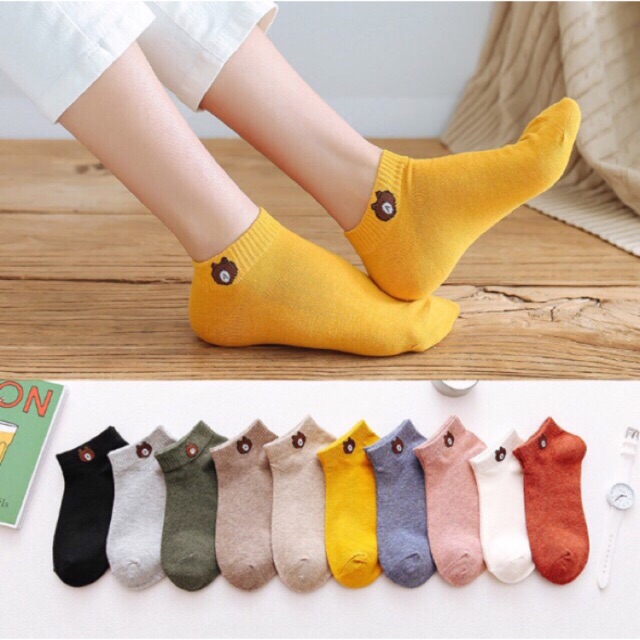 Combo 10 đôi tất cổ vừa in hình gấu brown dễ thương, 10 đôi tất/vớ đủ màu- kèm túi đựng xinh xắn