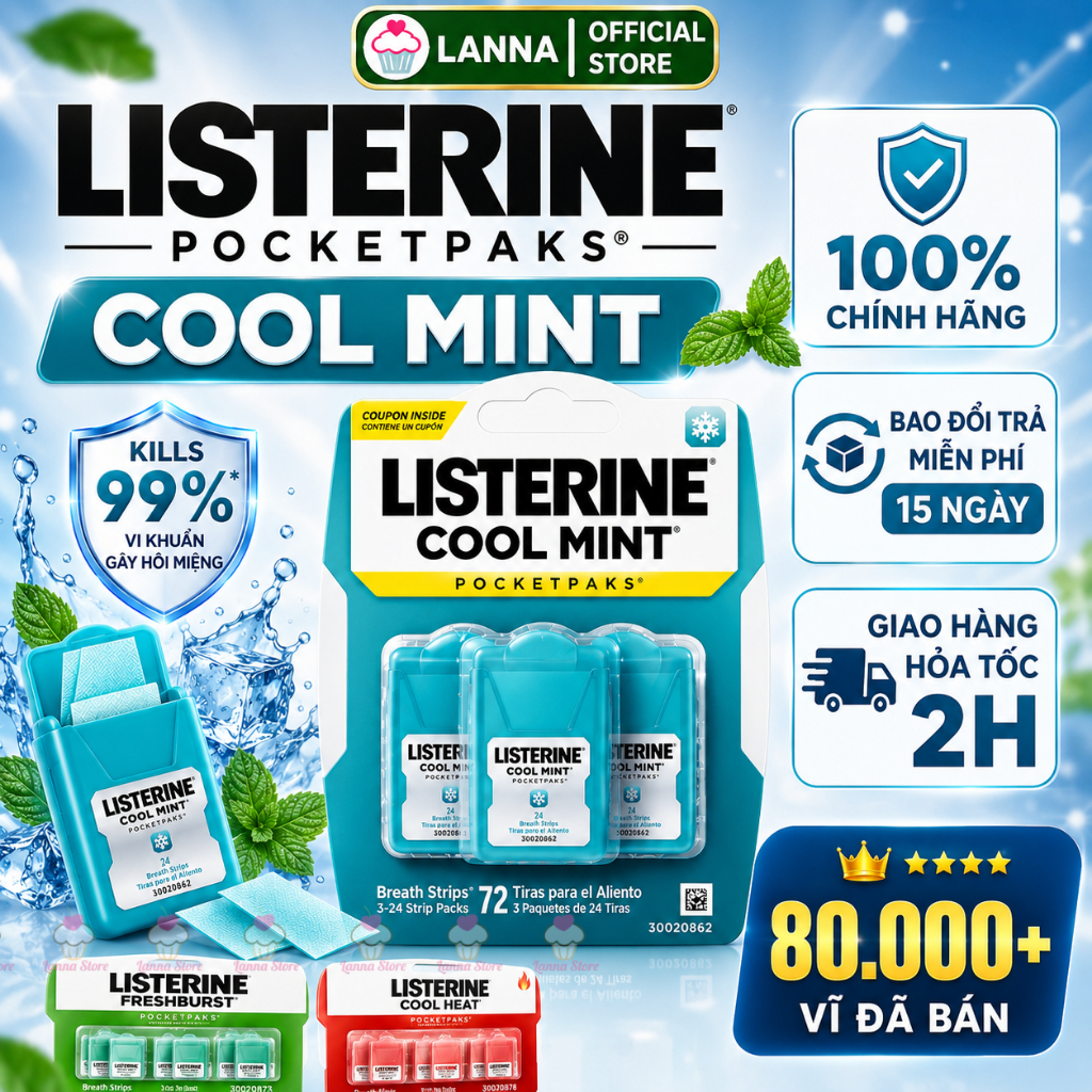 Miếng ngậm Listerine 1 vỉ 3 hộp Thơm Miệng Bạc Hà, Khử Mùi Tan Nhanh