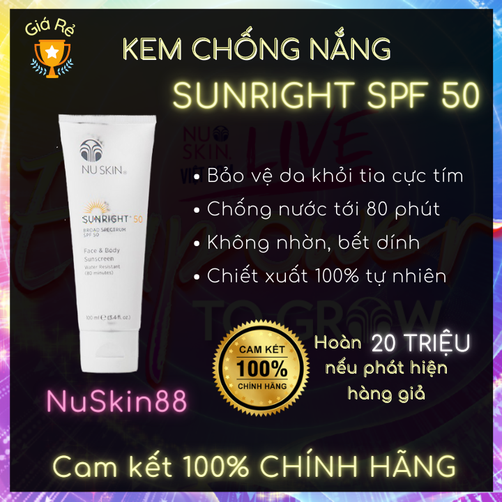 Kem Chống Nắng Nuskin Sunright 50 SPF 50 PA +++ 100ml - Bảo vệ da khỏi tia cực tím - Chống nước tới 80 phút - Thành phần 100% từ thiên nhiên - Nuskin - Nuskin 88 - Mỹ phẩm Nuskin chính hãng