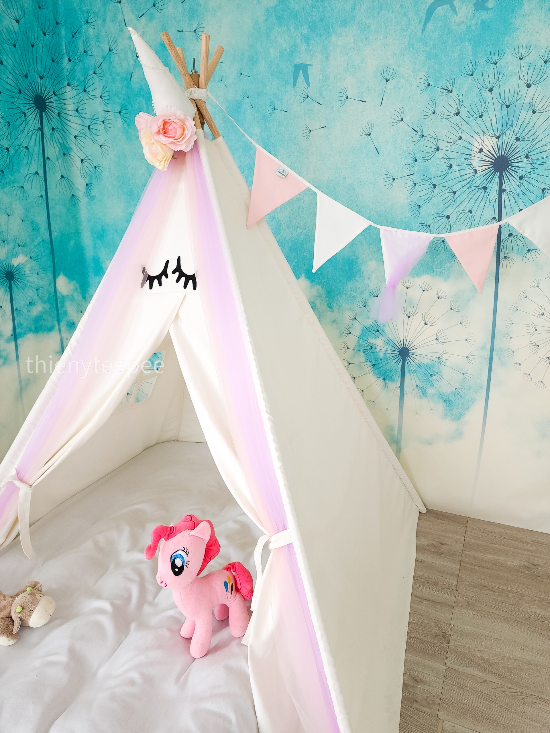 Lều vải công chúa cho bé gái, Lều unicorn ngựa pony vải canvas cọc gỗ tự