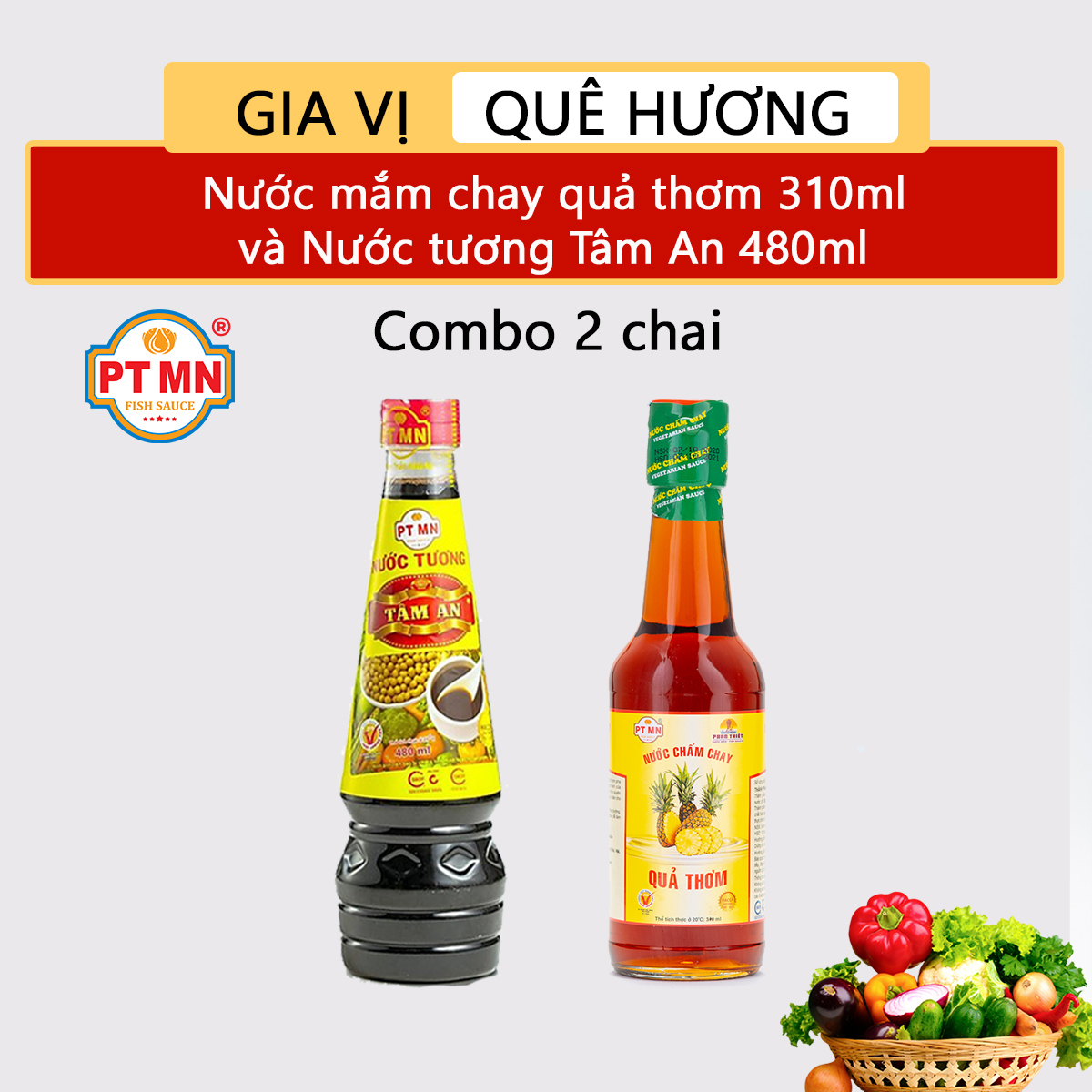 Nước mắm chay Phan Thiết Mũi Né từ quả thơm 310ml và nước tương đậu nành 480ml (combo 2 chai)