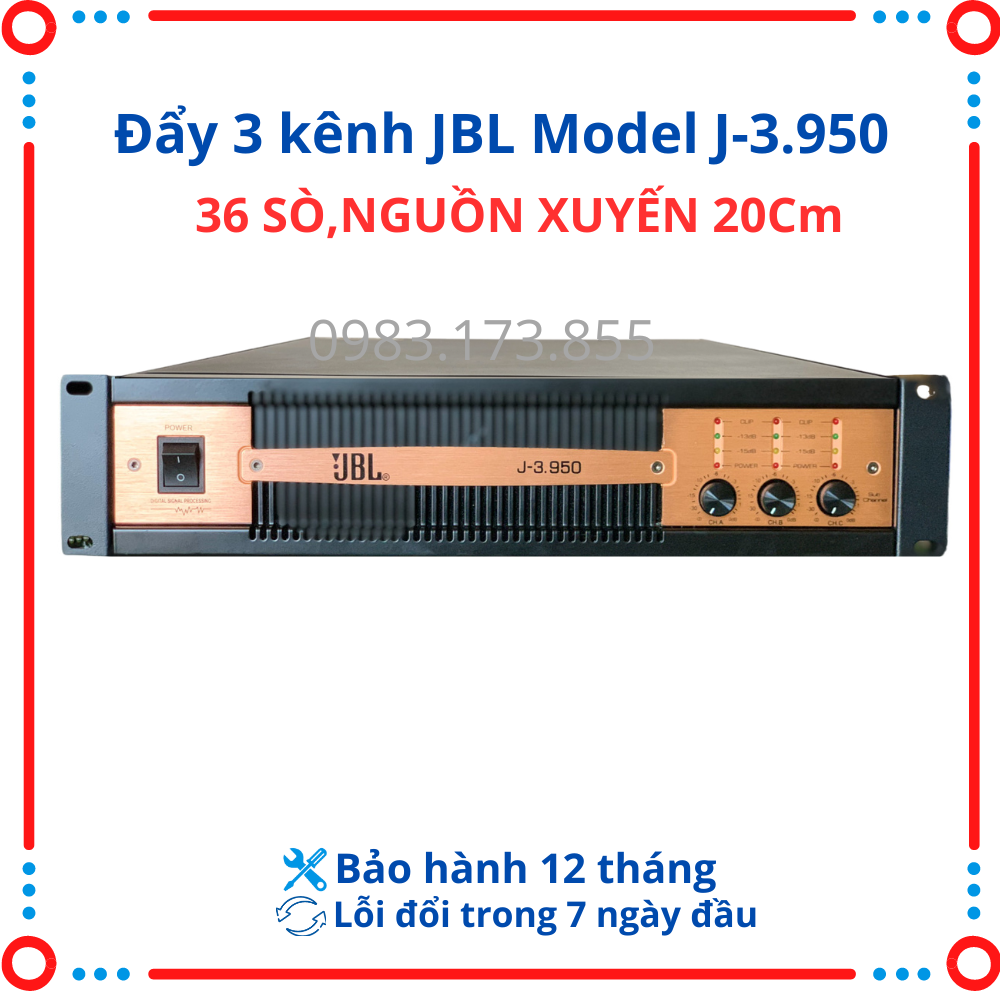 (FREE SHIP -LH SHOP)Cục đẩy công suất 3 Kênh, main JBL J-3.950, 36 Sò Lớn, 900W/kênh, Nguồn Xuyến 20 Cm, Dùng Cho Dàn Âm Thanh Gia Đình.