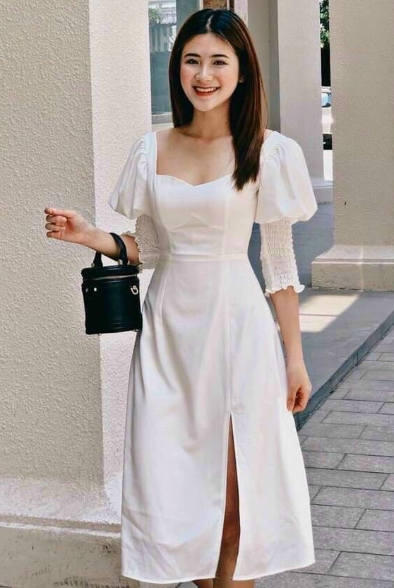 [HCM]Đầm tay bo phồng xẻ tà cao cấp thời trang dạo phố dự tiệc hai màu ( trắng và đỏ )