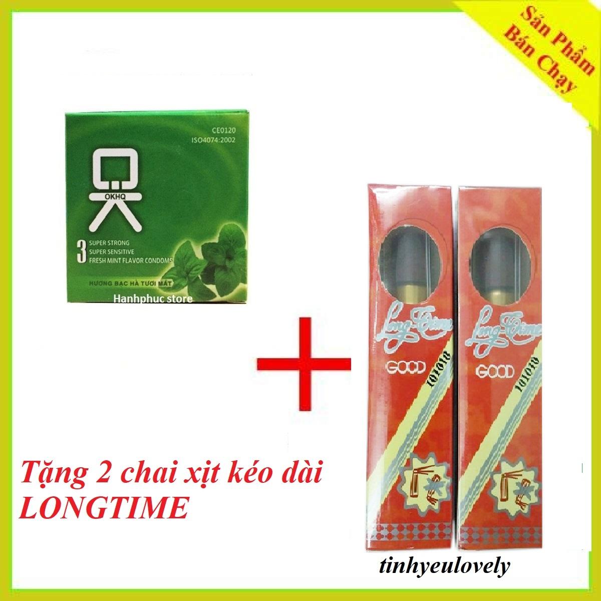 Hop Bao cao su OK huong bac ha 3 chiếc.Tặng 2 chai xit keo dài thời gian Longtime đỏ Thái lan