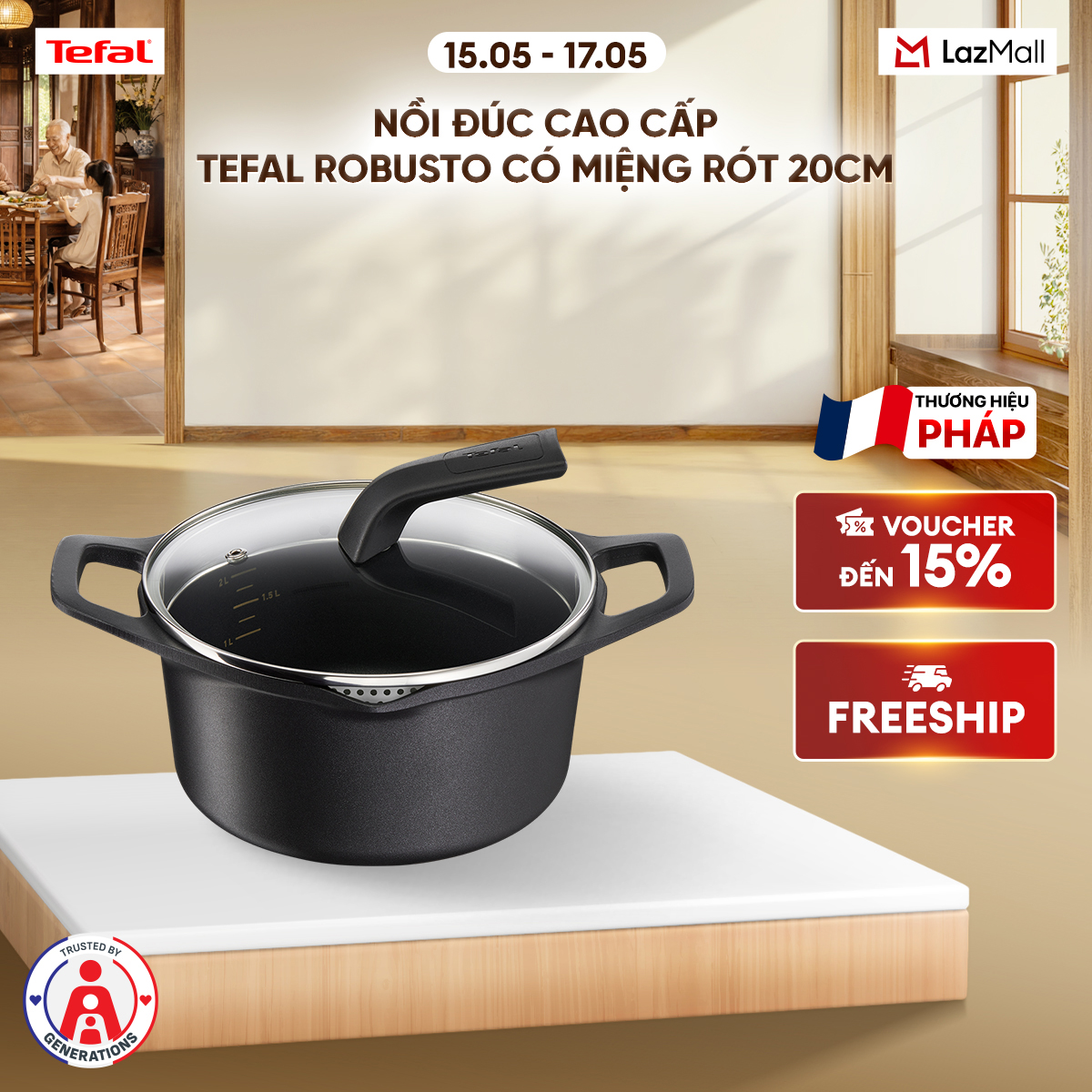 Nồi đúc cao cấp Tefal Robusto có miệng rót 20cm