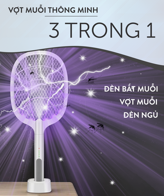 Vợt muỗi tự động kiêm đèn bắt muỗi 3in1 tự động sạc tích điện, vợt bắt muỗi thông minh cao cấp để bàn, chức năng tự động bắt muỗi cao cấp, Bảo Hành Toàn Quốc