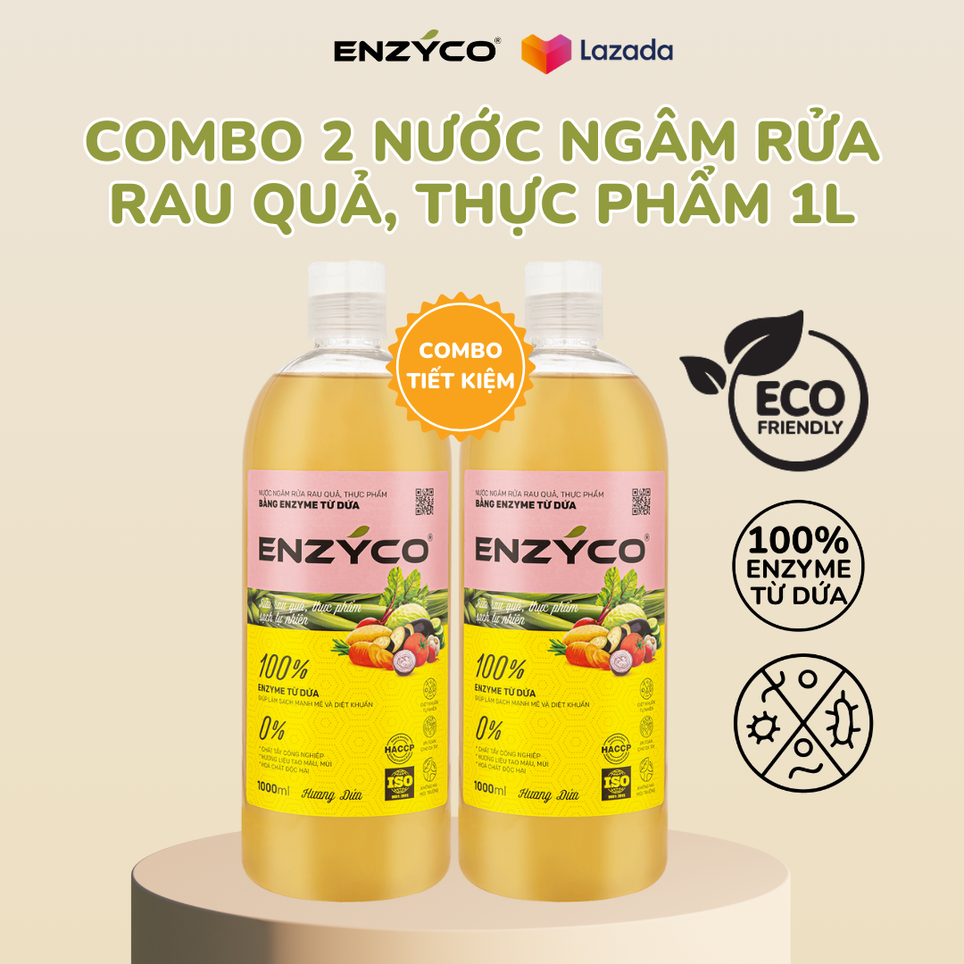 Combo 2 chai nước ngâm rửa rau củ quả sinh học ENZYCO 1L - 100% Enzyme từ dứa giúp loại bỏ hóa chất, vi khuẩn trong thực phẩm, khử mùi tanh thịt cá, an toàn cho bé - Hương dứa