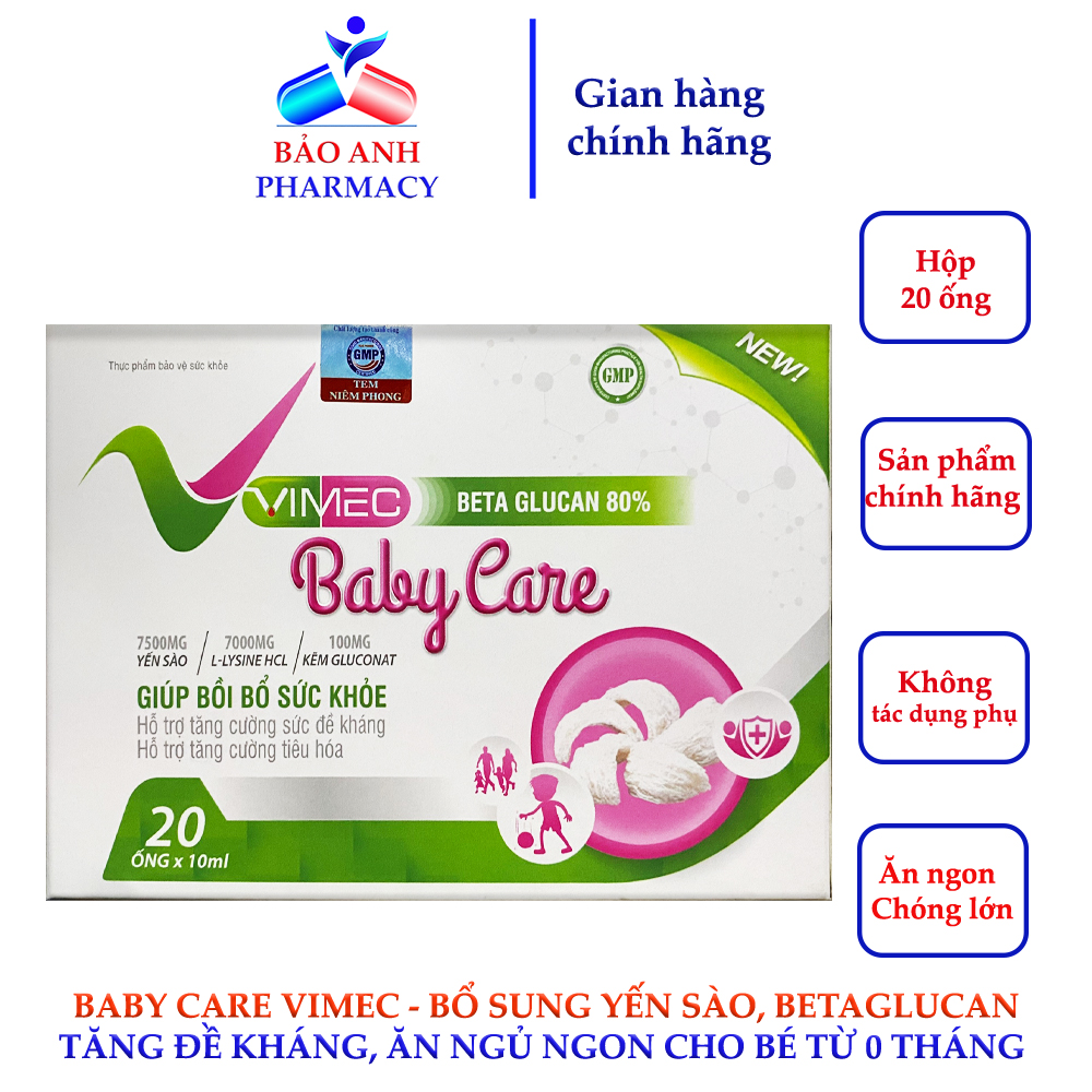 Baby care Vimec - Tăng đề kháng, ăn ngon, ngủ ngon cho bé từ 0 tháng tuổi, chứa Yến sào, Betaglucan và các Vitamin – Hộp 20 ống