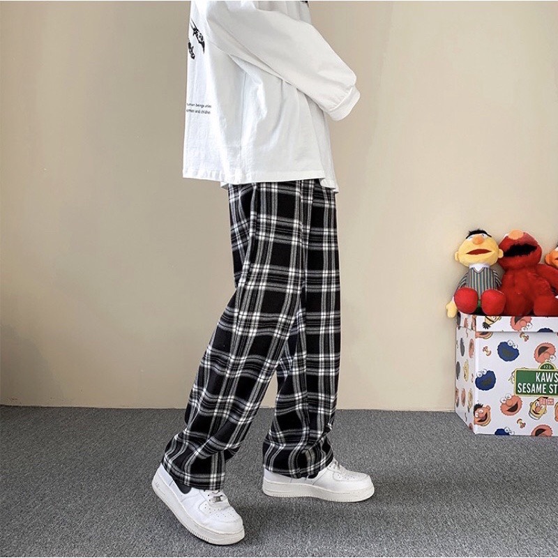 Quần Baggy Nam Nữ Kẻ Caro Ống Suông Unisex - Kiểu quần ống rộng suông vải Plaid kẻ caro Kumikumi