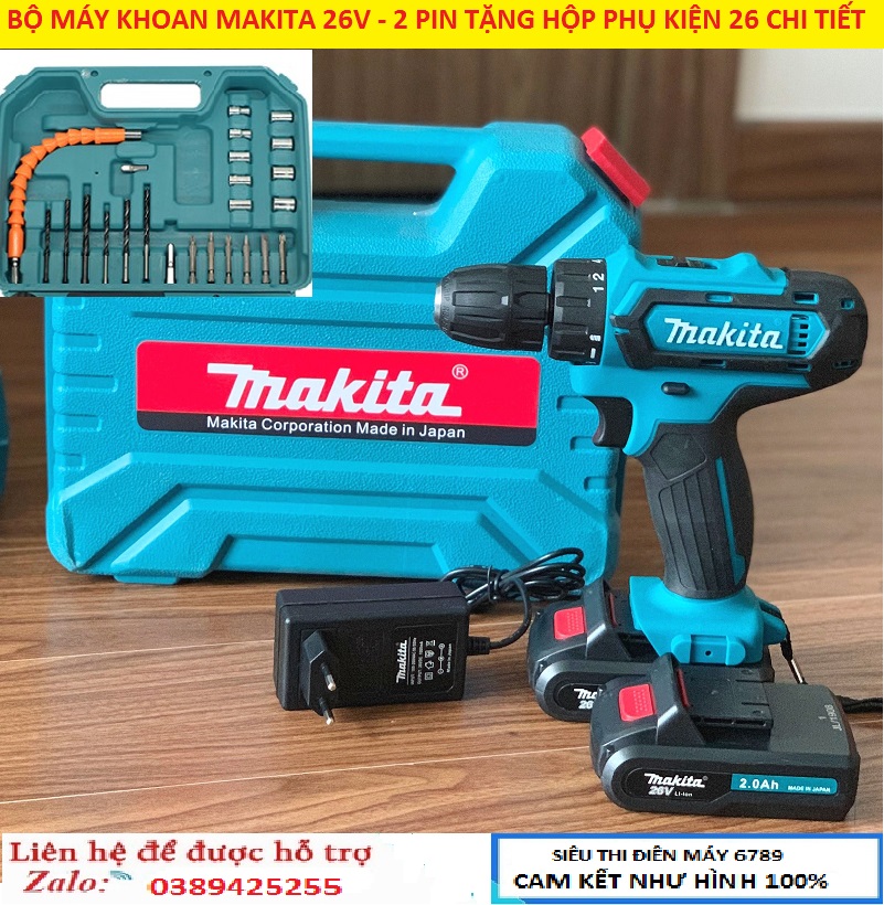 MÁY KHOAN PIN MAKITA 26V CÓ BÚA, 2PIN TẶNG HỘP PHỤ KIỆN 26 CHI TIẾT + 1 SẠC + 1 VÍT