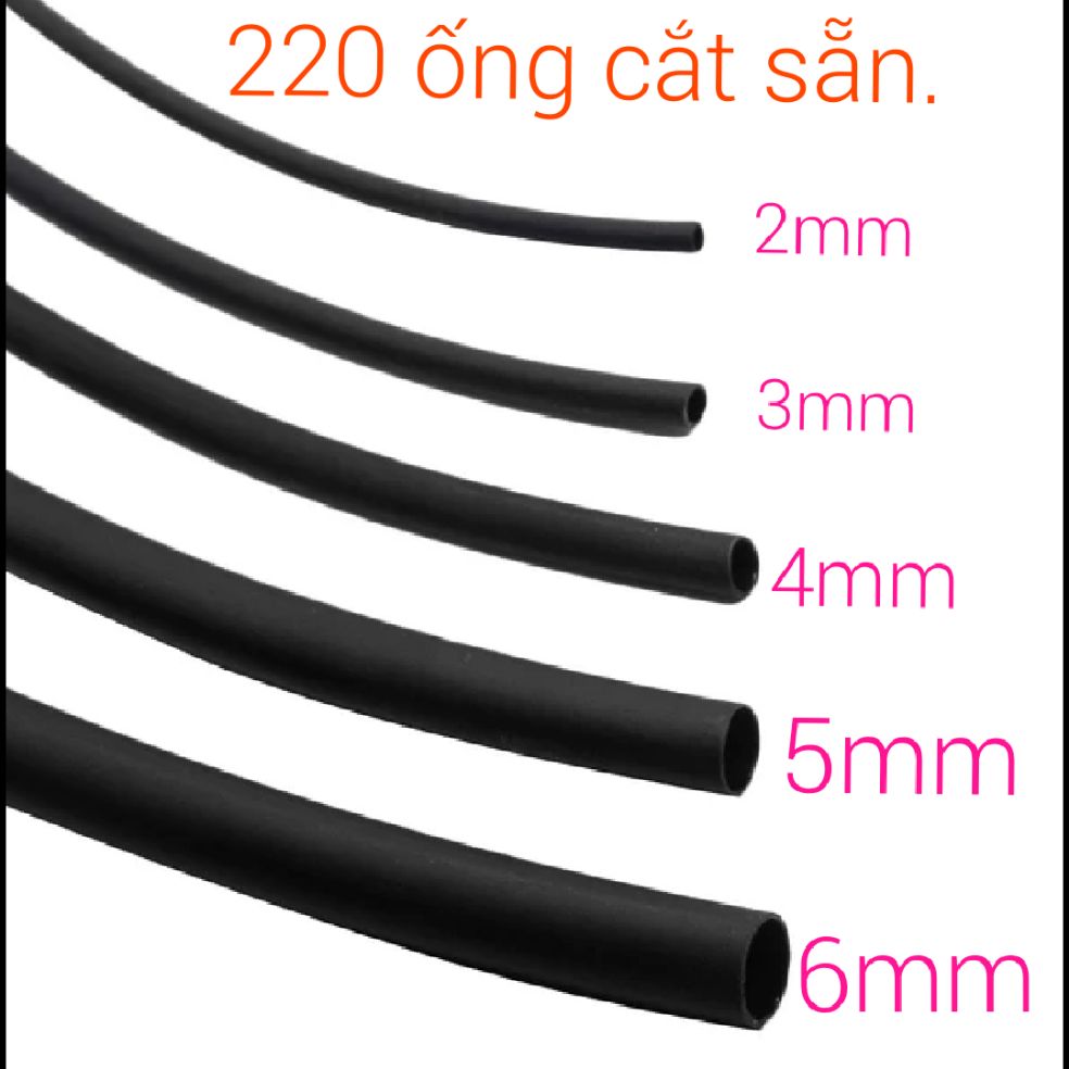 220 ống gen co nhiệt cắt sẵn màu đen. 2mm, 3mm, 4mm, 5mm, 6mm. (2x30 = 60 ống; 3x30 = 60 ống; 4x40 = 40 ống; 5x40 = 30 ống; 6x40 = 30 ống; tổng cộng là 220 ống).