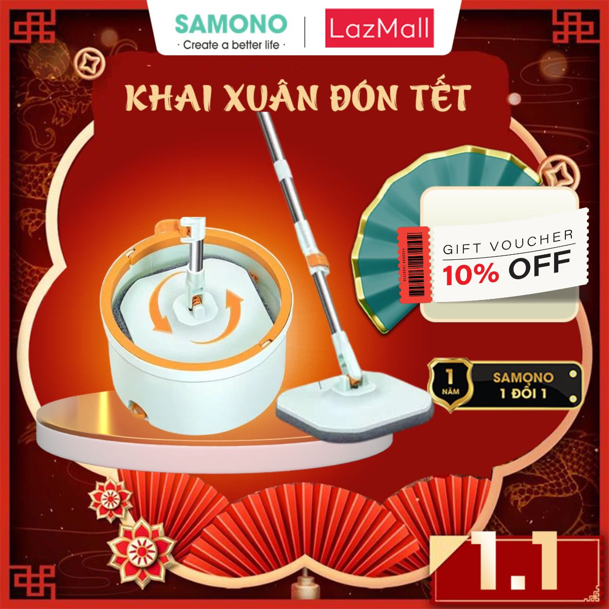 Samono Bộ Chổi Lau Nhà, Bộ cây lau nhà BX-CT2-40701 Bonbox 360 độ - tự vắt 2 ngăn tách riêng nước bẩn và nước sạch