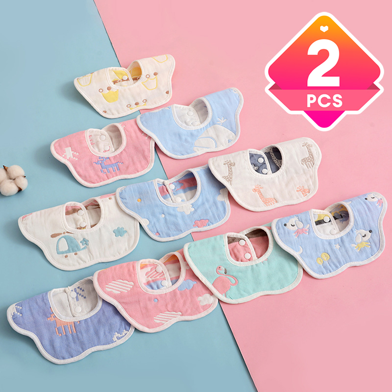 2pcs 360 degree rotation of pure cotton, 6-layer gauze bib, water towel, baby button bib, baby flower