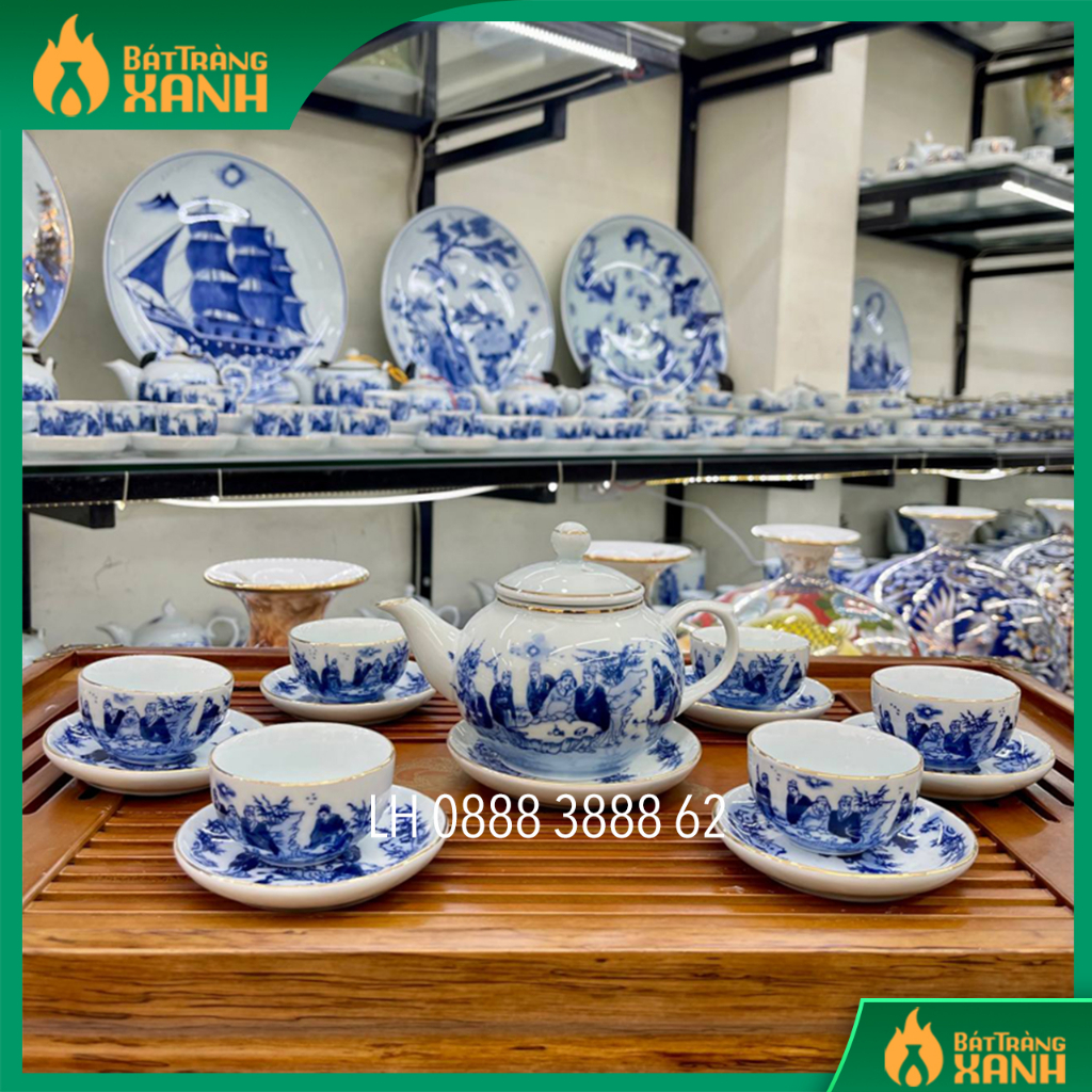 Bộ ấm trà men lam phỏng cổ trúc lâm thất hiền vẽ vàng kim, Bộ ấm chén men lam Bát Tràng