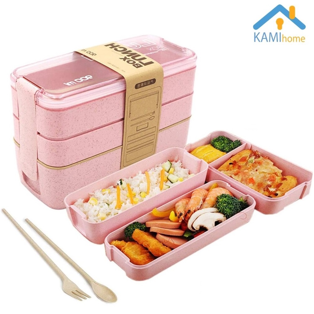 Hộp cơm ăn trưa văn phòng dùng lò vi sóng loại 3 tầng 900ml Nắp chống tràn chất liệu Nhựa lúa mạch an toàn MS 20052