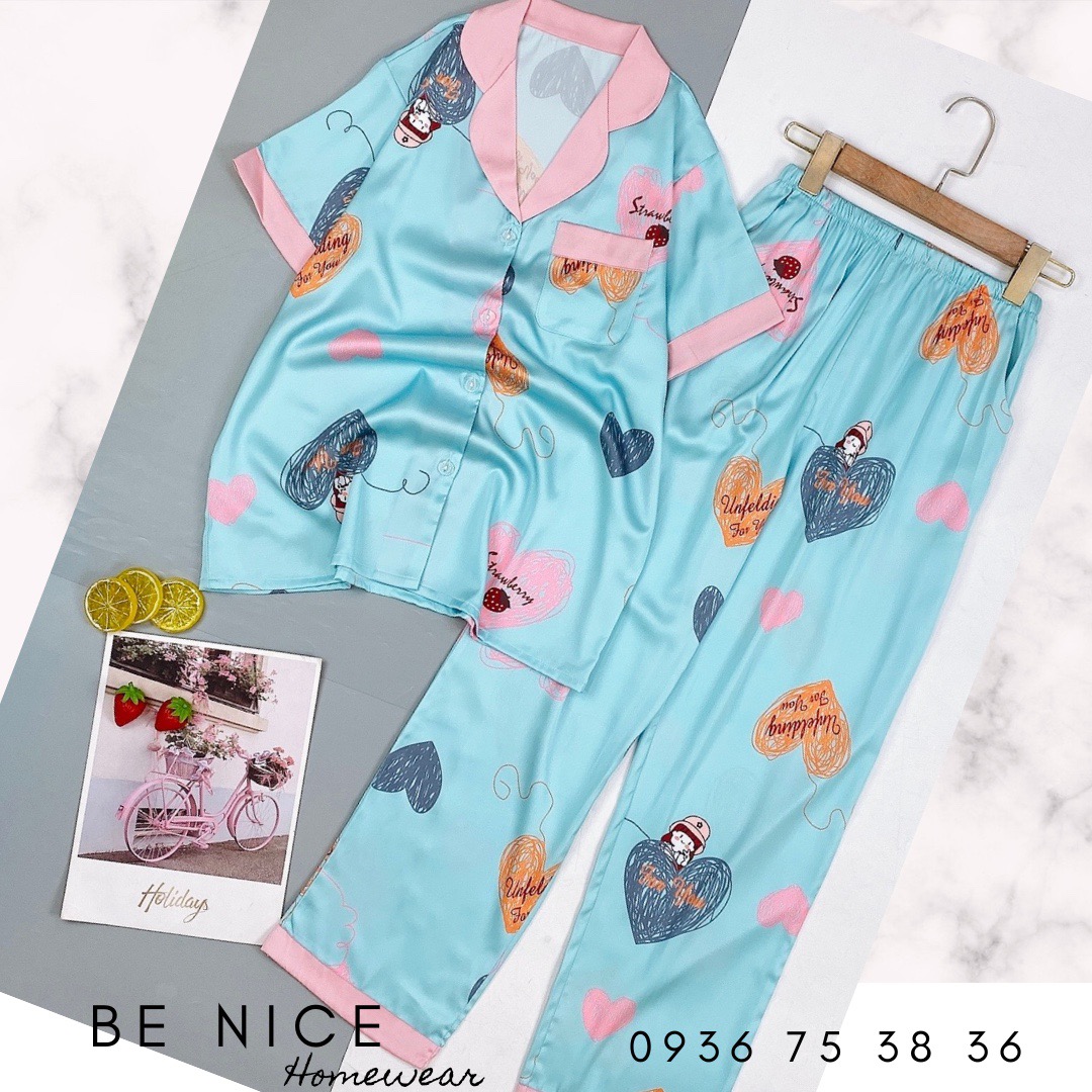 Set pijama lụa mặc nhà cổ phối màu tay ngắn quần dài