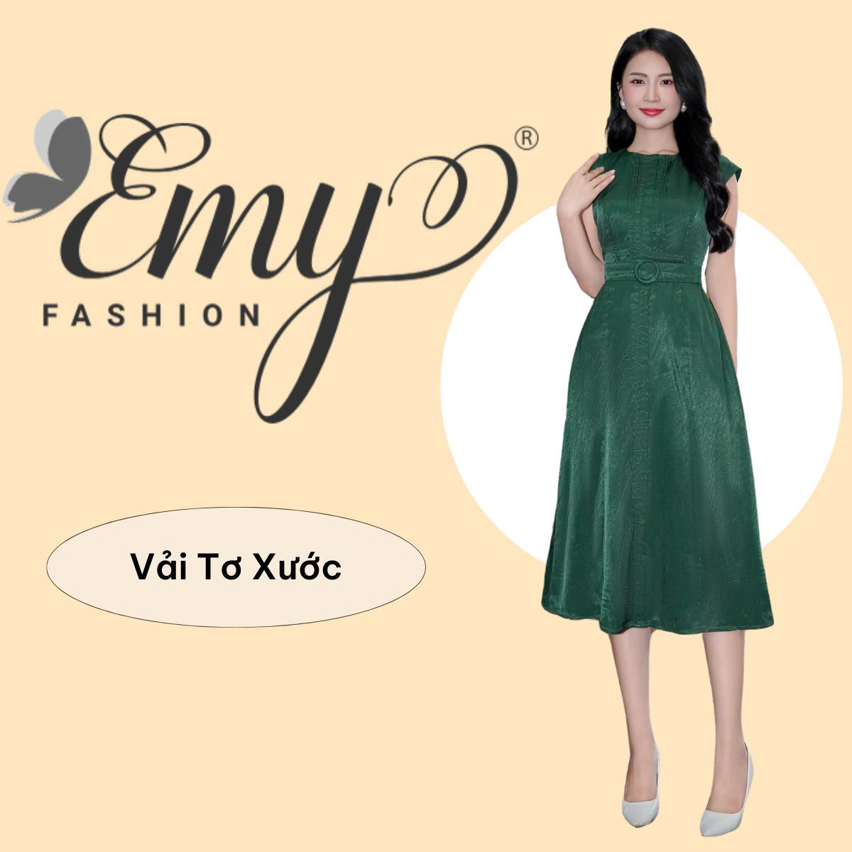 Đầm Thiết Kế EMY Thời Trang Cao Cấp Trung Niên EM7622 Đầm Xòe Vải Tơ Xước, Nền Xanh Lá Sang Chảnh Đi Tiệc