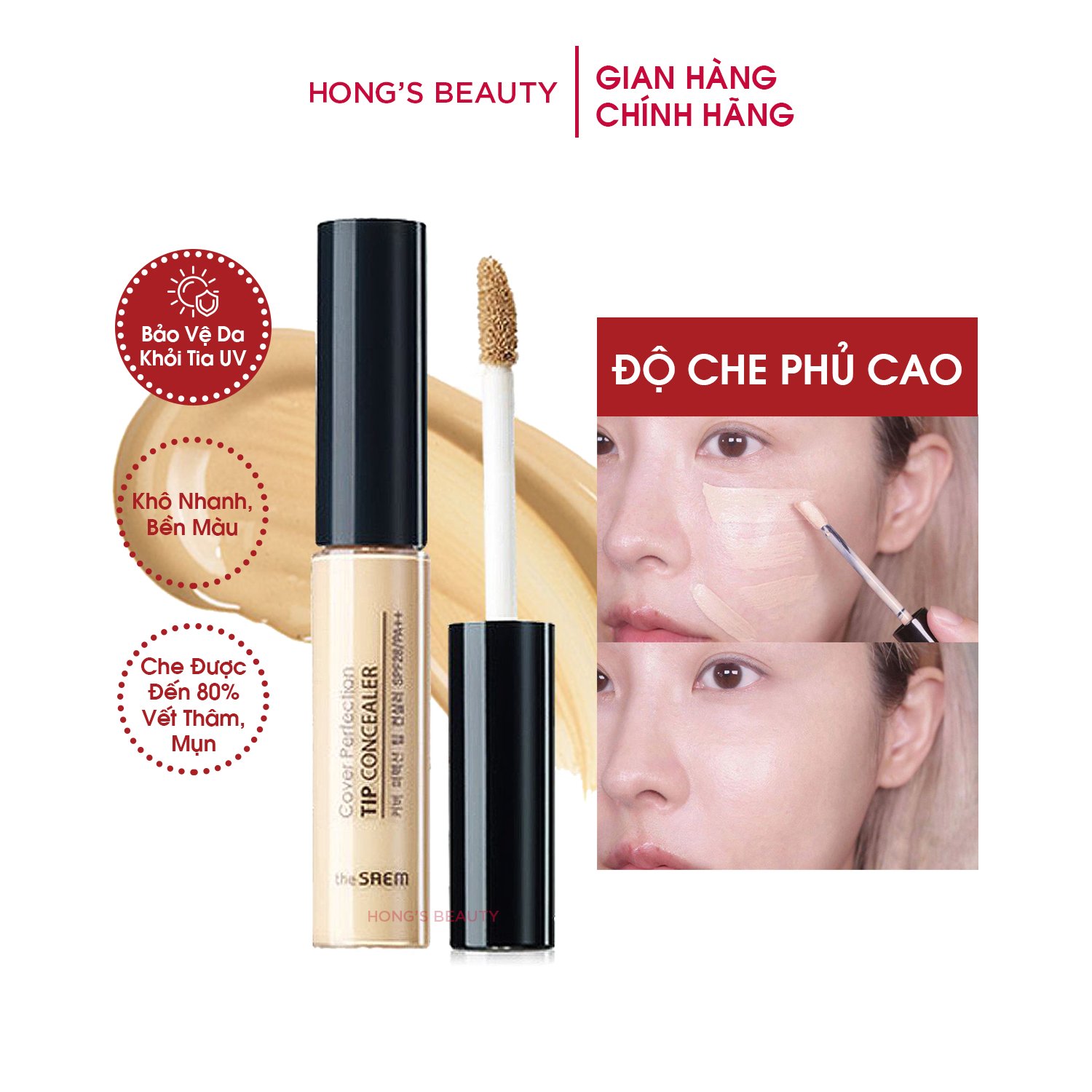 Kem che khuyết điểm The Saem Cover Perfection Tip Concealer che phủ cao, chất kem tiệp vào da tự nhiên - HONGS BEAUTY