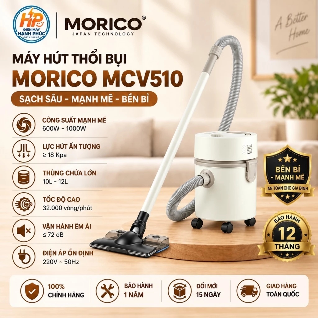 Máy Hút Bụi Lau Nhà Đa Năng MORICO MCV510 - Máy Hút Thổi Bụi, Lực Hút Mạnh, Nhỏ Gọn, Bảo Hành 12 Tháng