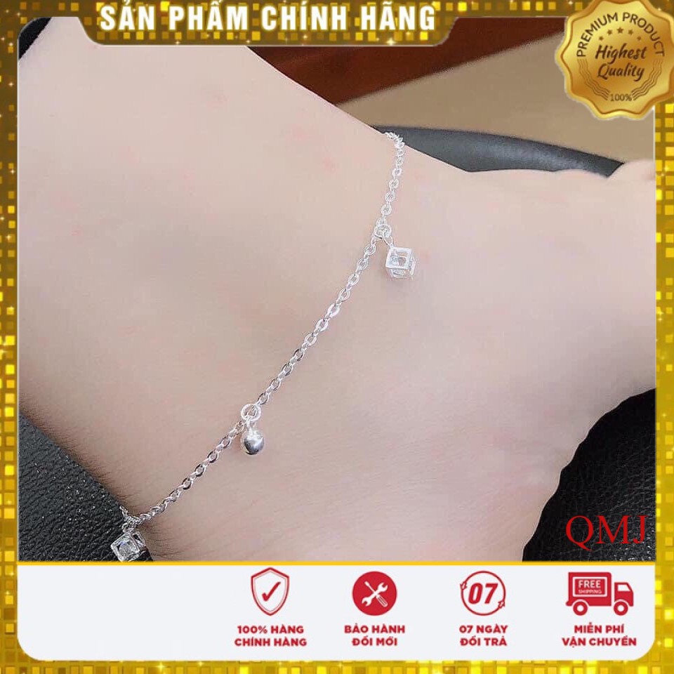Lắc chân nữ bạc thật treo mix chuông, đá vuông trẻ trung , Trang sức bạc Queen Jewerly cam kết bạc thật, bảo hành trọn đời sản phẩm