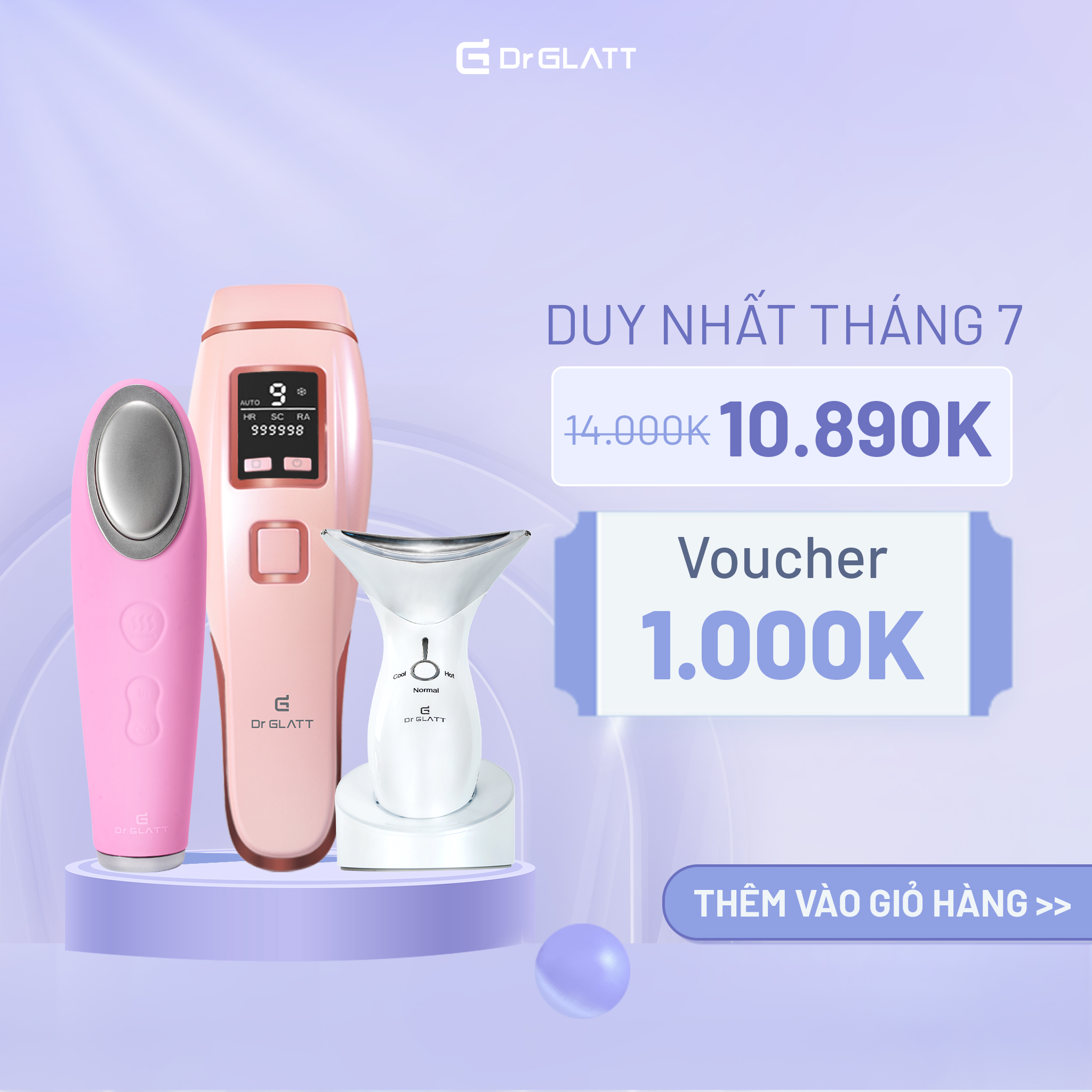 [25-27.07-HOÀN TIỀN 12%-VOUCHER 1.000K] Set máy dưỡng da đa năng - máy triệt lông mini, máy rửa mặt & tẩy trang, máy massage mặt & nâng cơ DR GLATT
