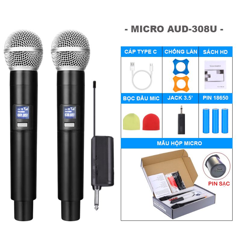 Bộ micro không dây aud-308u | aud-6002g | aud-102 | aud-001 chính hãng, micro karaoke hút âm, chống hú - chuyên cho amply, loa kéo, vang