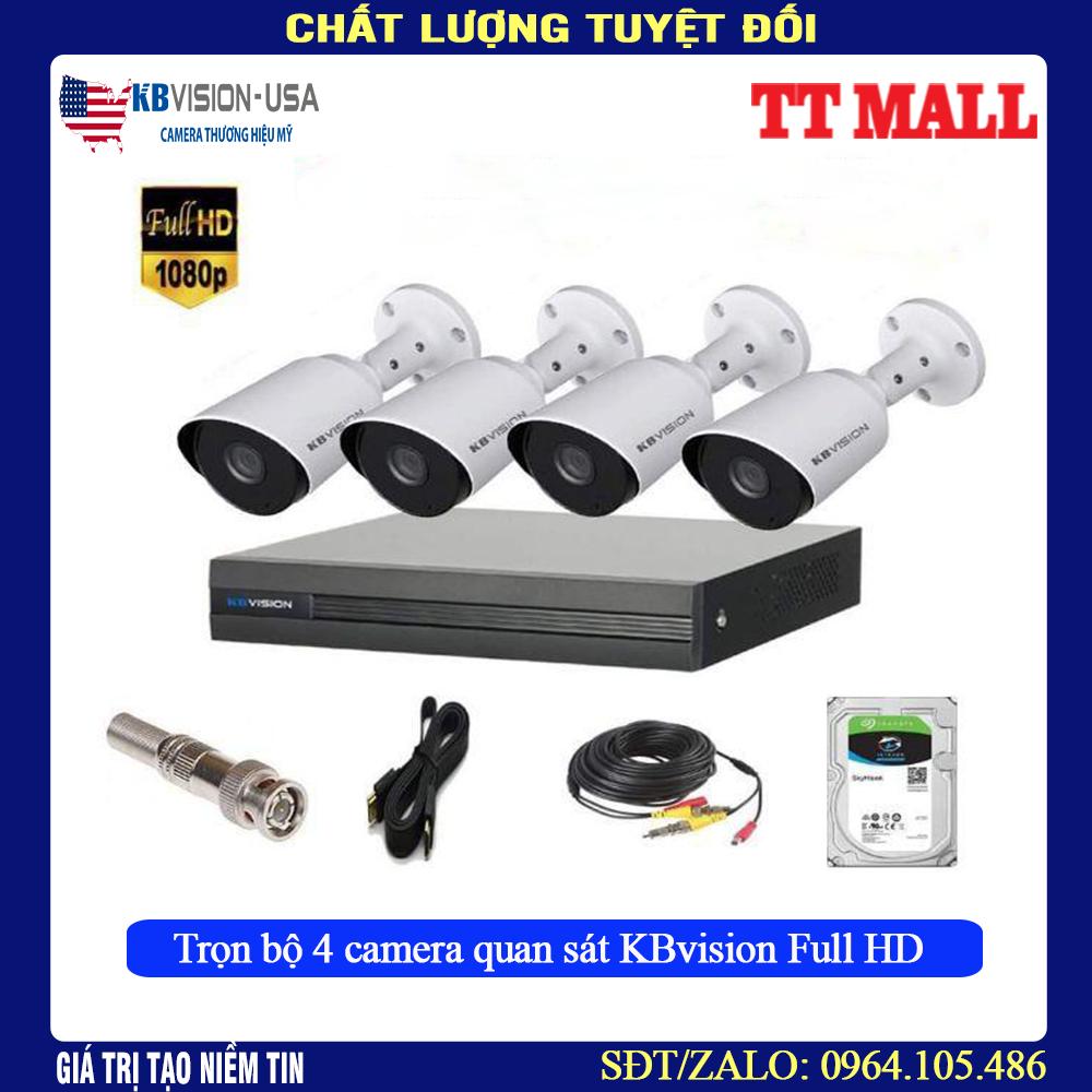 Trọn Bộ 4 Mắt Camera 2.0M Full HD KBVISION +HDD 500G tặng mỗi camera 20m dây liền nguồn đúc sẵn 2 đầu