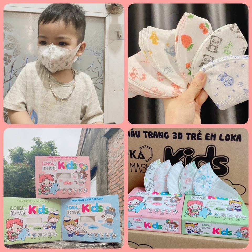 [Hộp 50c] Khẩu Trang 3D cho Bé 2-6 tuổi Loka Mask Kháng Khuẩn, Quai Mềm Ôm Sát mặt, dùng trong y tế