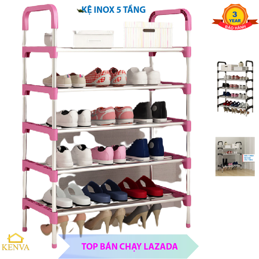 Kệ để giày dép inox giá rẻ Kenva K100 kiểu đứng lắp ghép 5 tầng, đa năng để trong nhà, ngoài cửa, chống ẩm mốc và thông thoáng tiện dụng.