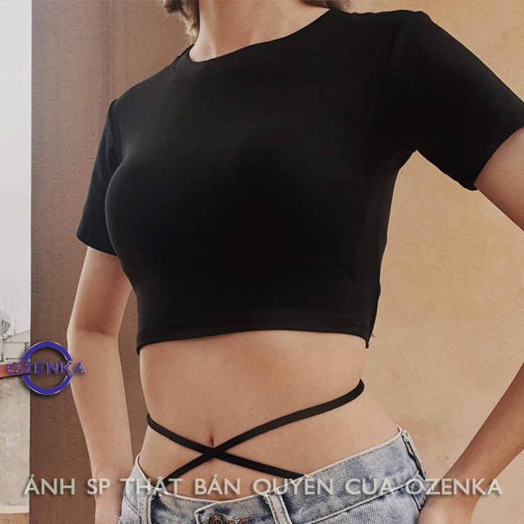 Áo Croptop Ôm Ngắn Tay Nữ , Áo Kiểu Body Dây Đan Eo Cotton 100% Mềm Mịn Mát Co Giãn 4 Chiều Ozenka Crte 255