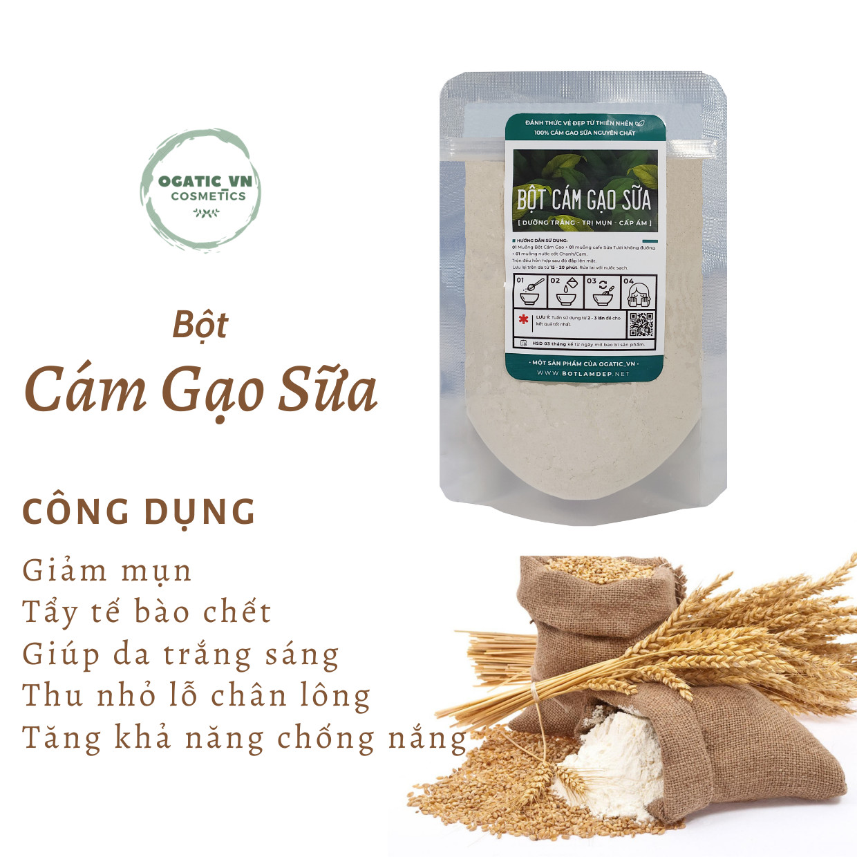 [HN]Bột cám gạo sữa nguyên chất Organic 100Gr- mỹ phẩm Handmade - B1.005