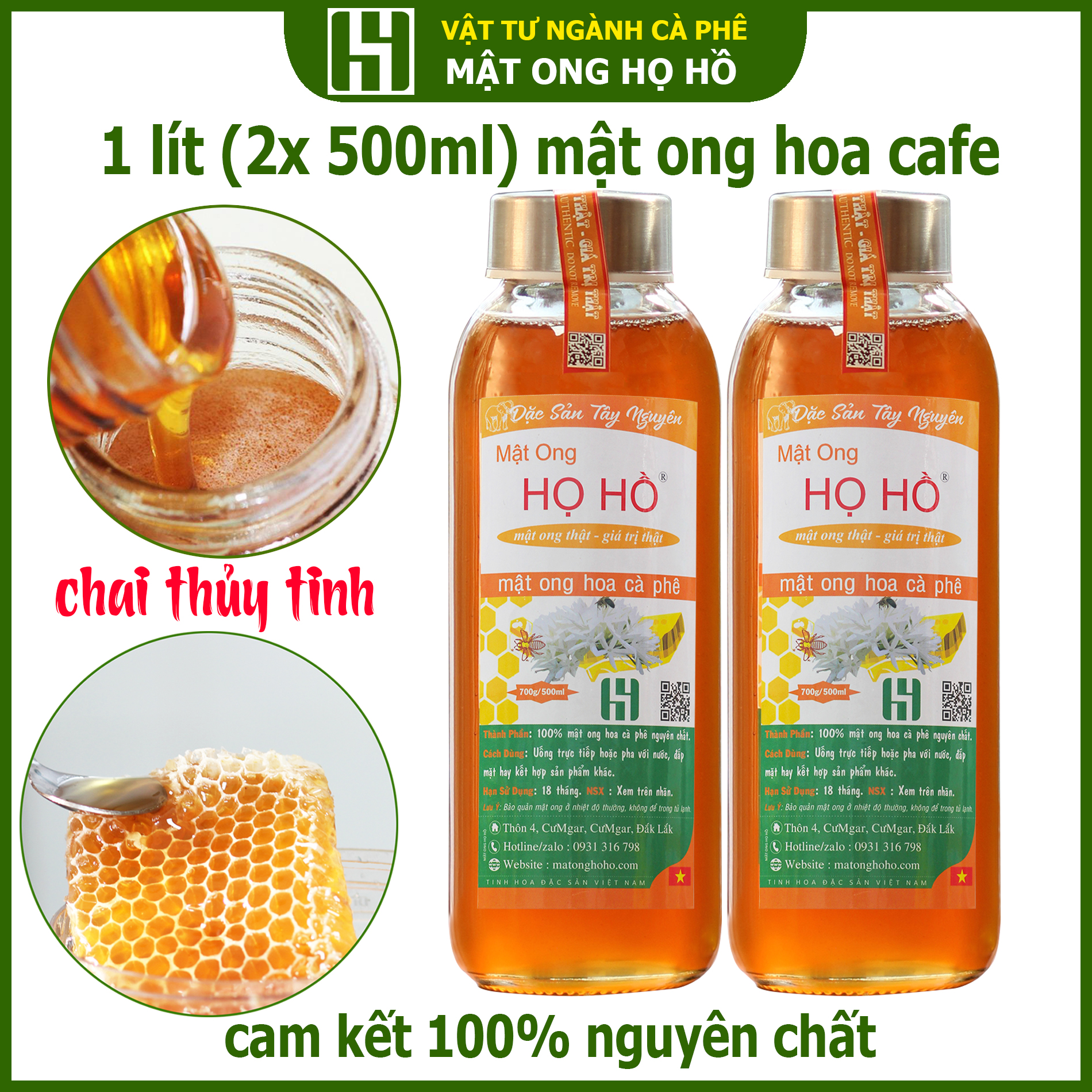 2 Chai Thủy Tinh Mật Ong Hoa Cà Phê mỗi chai 500ml tương đương 700g - Cam kết nguyên chất - Mật ong HỌ HỒ mật ong thật giá trị thật -  thuộc công ty TNHH cà phê ĐỨC ANH