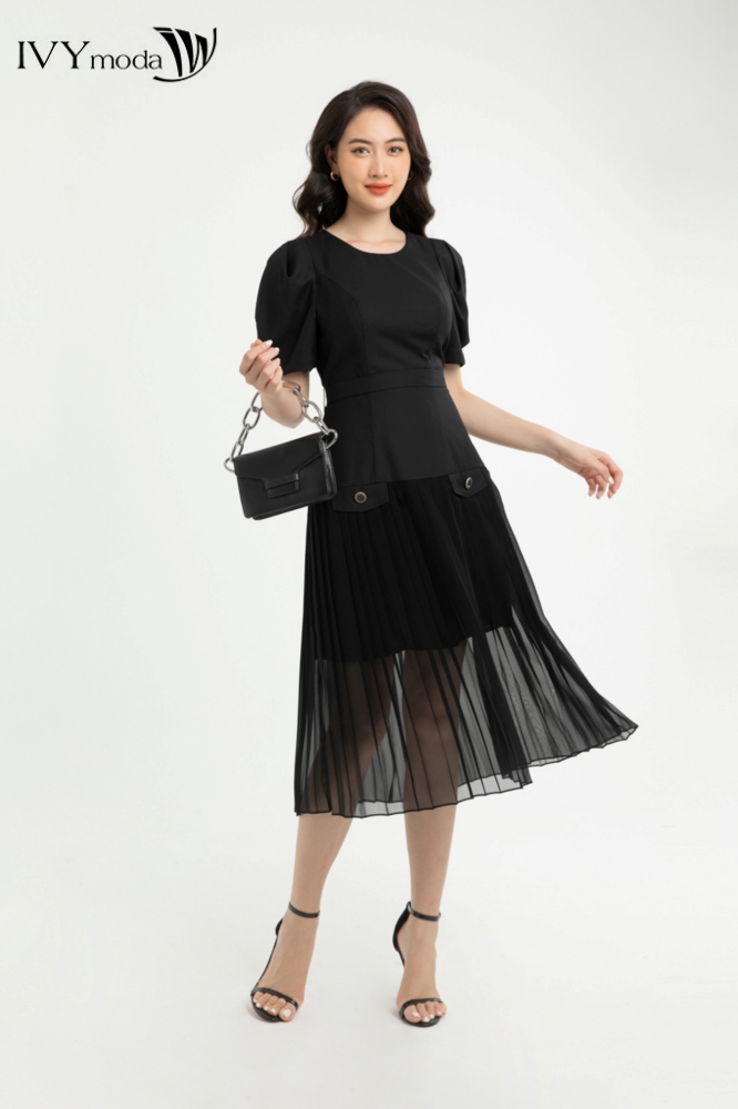 Đầm xòe hạ eo xếp ly ivy moda ms 48m7565