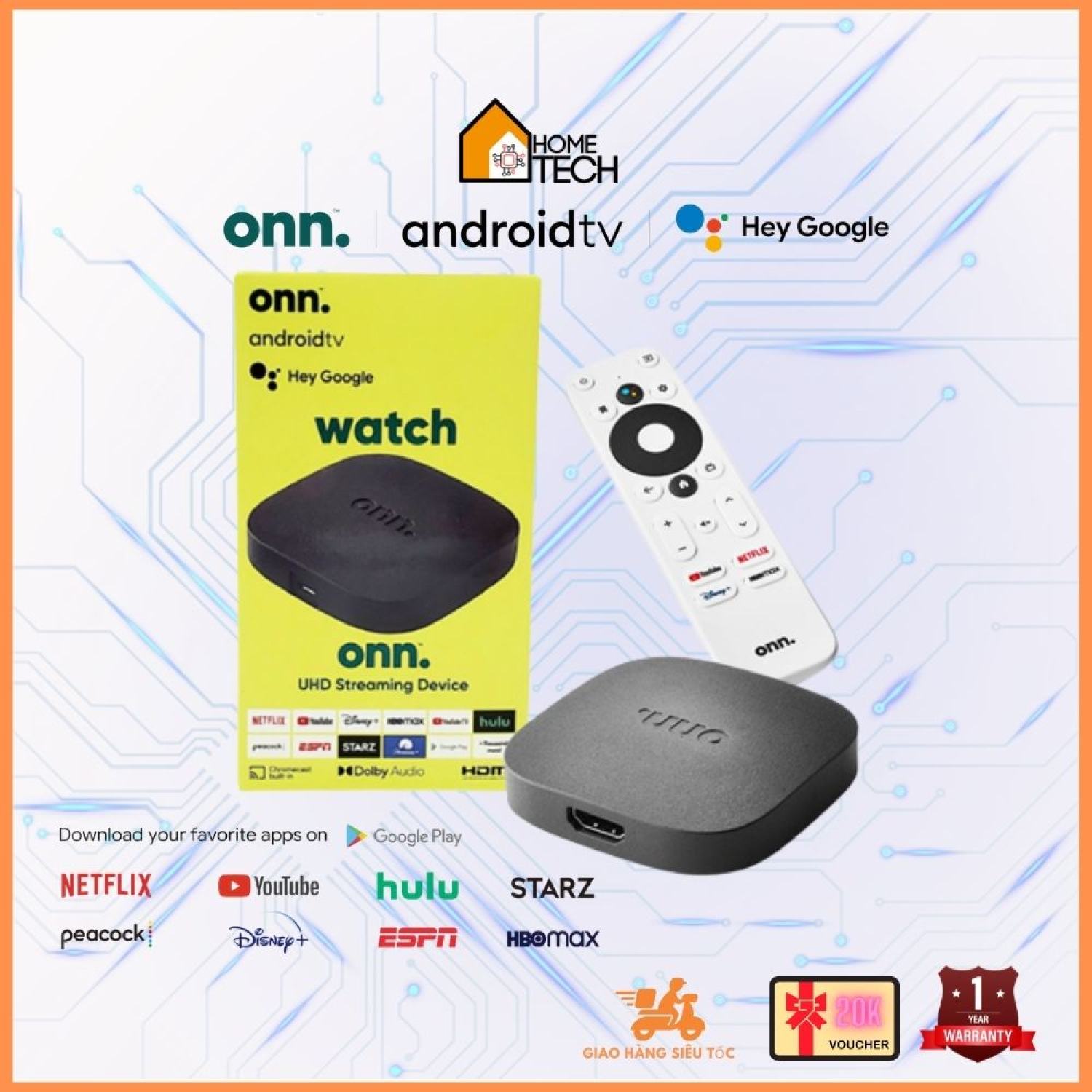 Onn. 4K Android TV Box, chất lượng 4K hỗ trợ Dolby Audio, ra lệnh giọng nói tiếng Việt