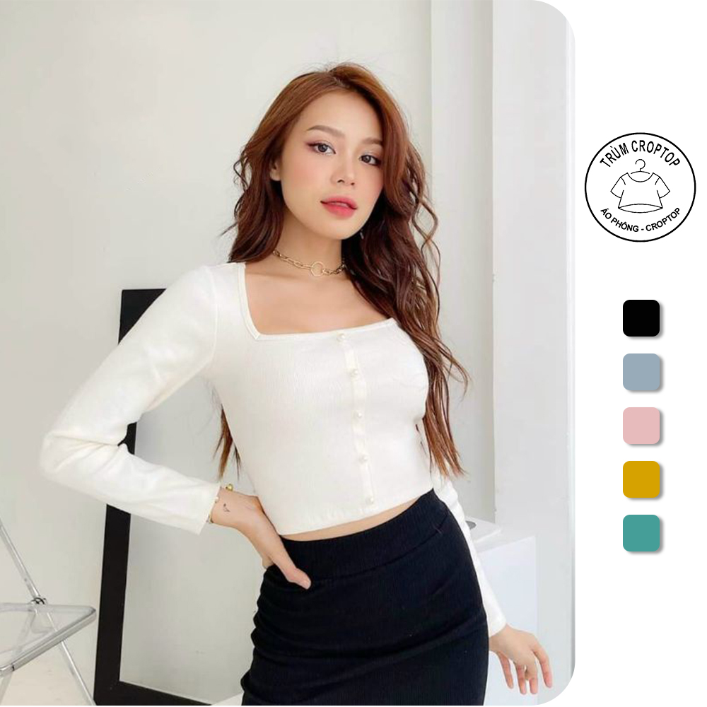 Áo croptop dài tay cổ vuông đính cúc hạt Trùm Croptop từ 38 - 55kg