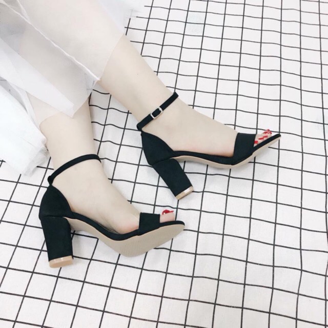 Giày cao gót 7 phân đen quai ngang MS - da sáp mờ