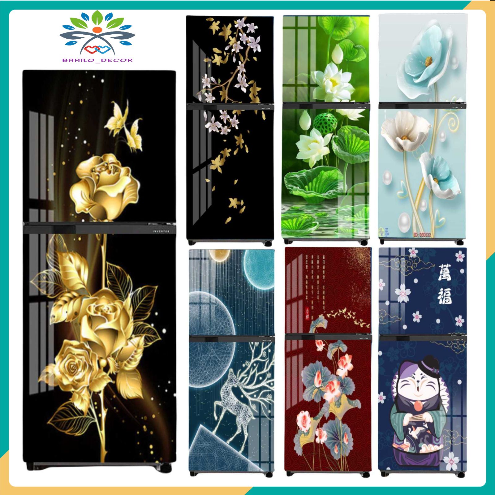 Miếng dán tủ lạnh máy giặt chất liệu decal chống nước gồm 4 kích thước chọn lựa có sẵn keo mặt sau hình ảnh in sắc nét