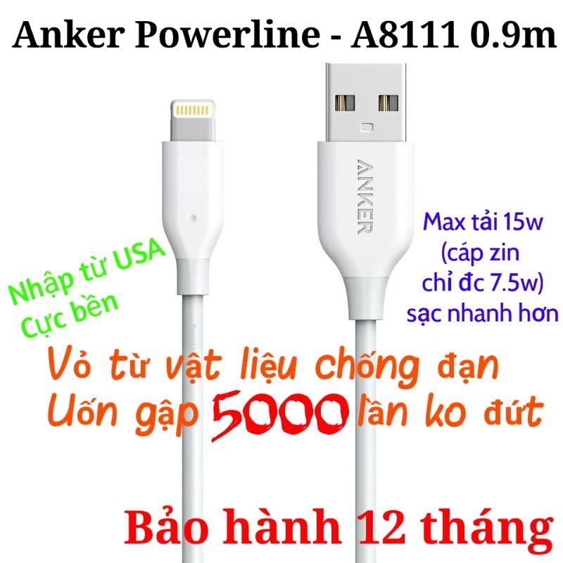 Cáp sạc Anker Powerline Lightning MFi 0.9m A8111 nhập từ USA new  - cho Apple iPhone iPod iPad